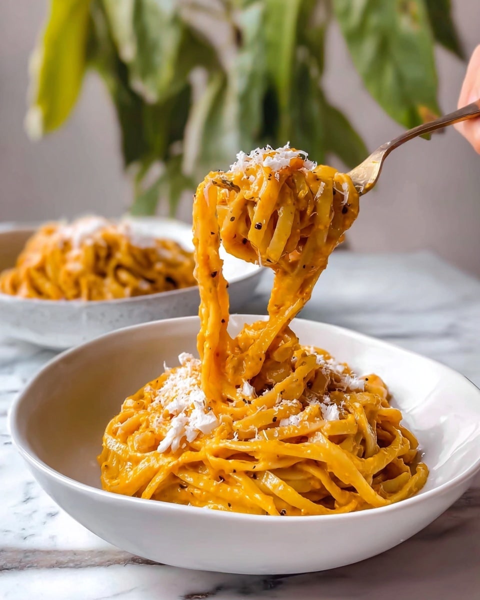 The image shows a white bowl with thick, yellow noodles covered in a glossy orange sauce with black pepper specks. Some grated white cheese is sprinkled on top, adding a soft texture contrast. A woman's hand holds a fork lifting a twirl of noodles above the bowl, showing the noodles stretching down and curling inside the bowl. In the background, another white bowl and green plant leaves sit on a white marbled surface, softly blurred. The focus is sharp on the noodles and fork, highlighting the creamy sauce and texture. Photo taken with an iphone --ar 4:5 --v 7