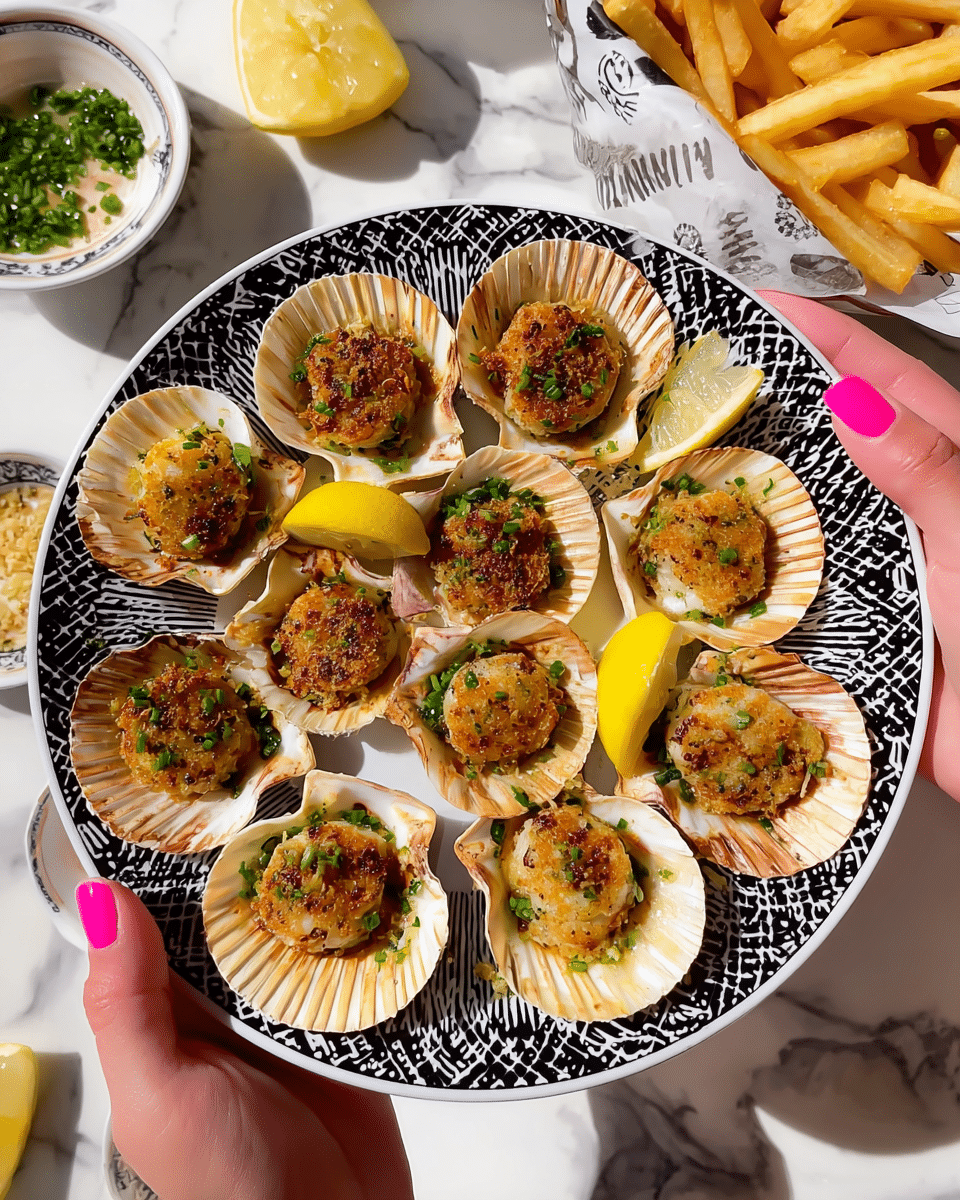 A white plate with a black and white geometric border holds twelve baked scallops in their shells, arranged in a circular pattern. Each scallop is topped with a golden-brown garlic herb crust and garnished with small green chive pieces. Bright yellow lemon wedges are placed around the scallops, adding a pop of color. The plate is held by two woman's hands with pink nail polish, and the background features a white marbled surface with some fries in a paper basket and small bowls of lemon wedges, sauce, and chopped herbs nearby. photo taken with an iphone --ar 4:5 --v 7