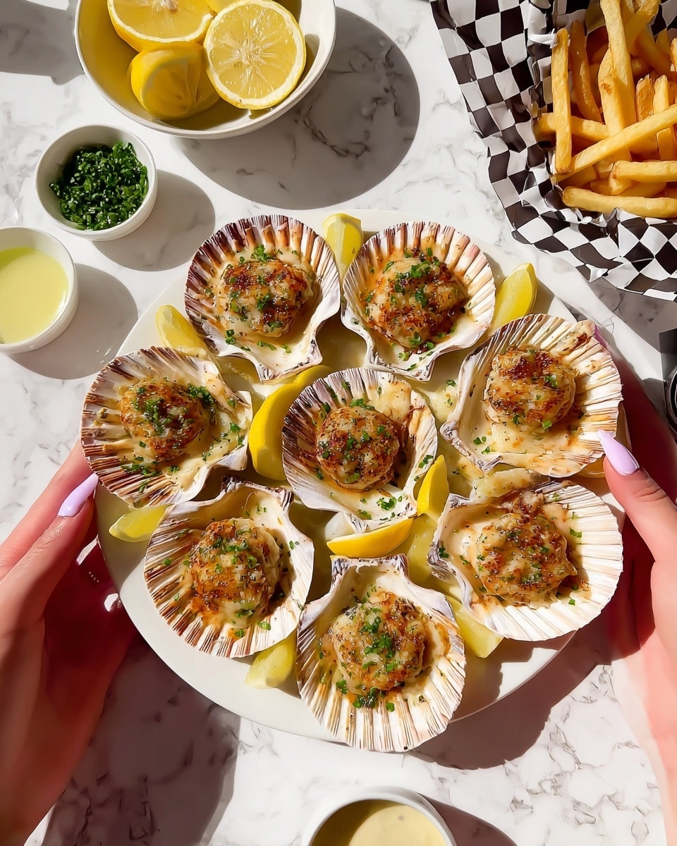 A white patterned plate holds twelve scallop shells arranged closely, each shell filled with a cooked scallop topped with a golden-brown, slightly crispy herb and garlic mixture, sprinkled with finely chopped green herbs; between and around the shells are bright yellow lemon wedges. The plate is held by two woman's hands with light pink nails over a white marbled surface. In the background, a small white bowl of lemon halves, a small dish of light yellow sauce, a small white bowl of green chopped herbs, and a white bowl of thin golden fries with black and white checkered paper are visible. The scene is brightly lit by sunlight, casting soft shadows. photo taken with an iphone --ar 4:5 --v 7