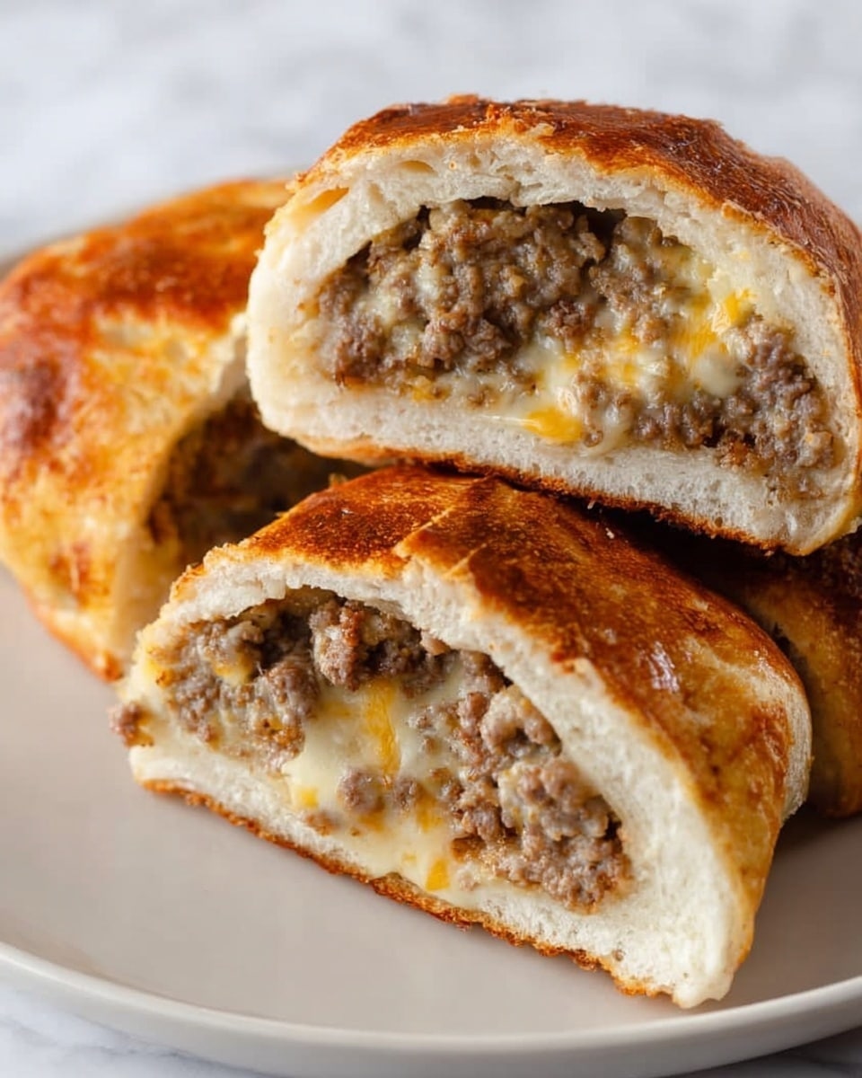 The image shows three pieces of stuffed bread rolls on a white plate. Each piece is cut in half, displaying three main layers inside: the outer golden-brown crust that looks crispy, a middle white bread layer with a soft, airy texture, and a filling layer of cooked ground meat mixed with melted light yellow cheese with a slightly glossy surface. The filling is dense and juicy, with bits of browned meat and cheese spread evenly throughout. The plate sits on a white marbled background. photo taken with an iphone --ar 4:5 --v 7