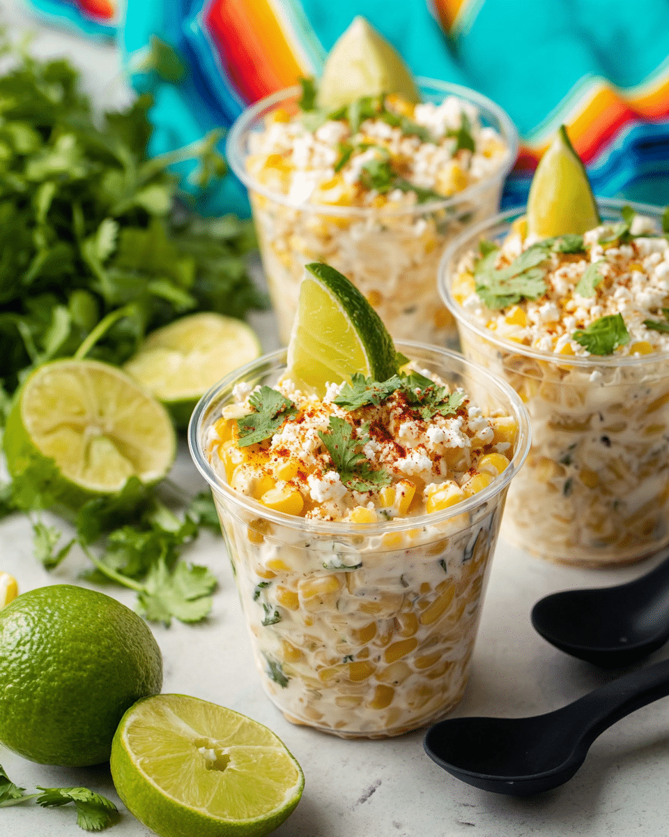 The image shows three clear plastic cups filled with creamy corn salad, each cup layered with pale yellow corn kernels mixed in white creamy dressing. The top layer has crumbled white cheese sprinkled with reddish chili powder and small green leaves of cilantro. Each cup is garnished with a thin, bright lime slice standing upright at the edge. Surrounding the cups are fresh lime halves and wedges, bunches of green cilantro leaves, a colorful striped cloth, and two black plastic spoons, all placed on a white marbled surface. photo taken with an iphone --ar 4:5 --v 7