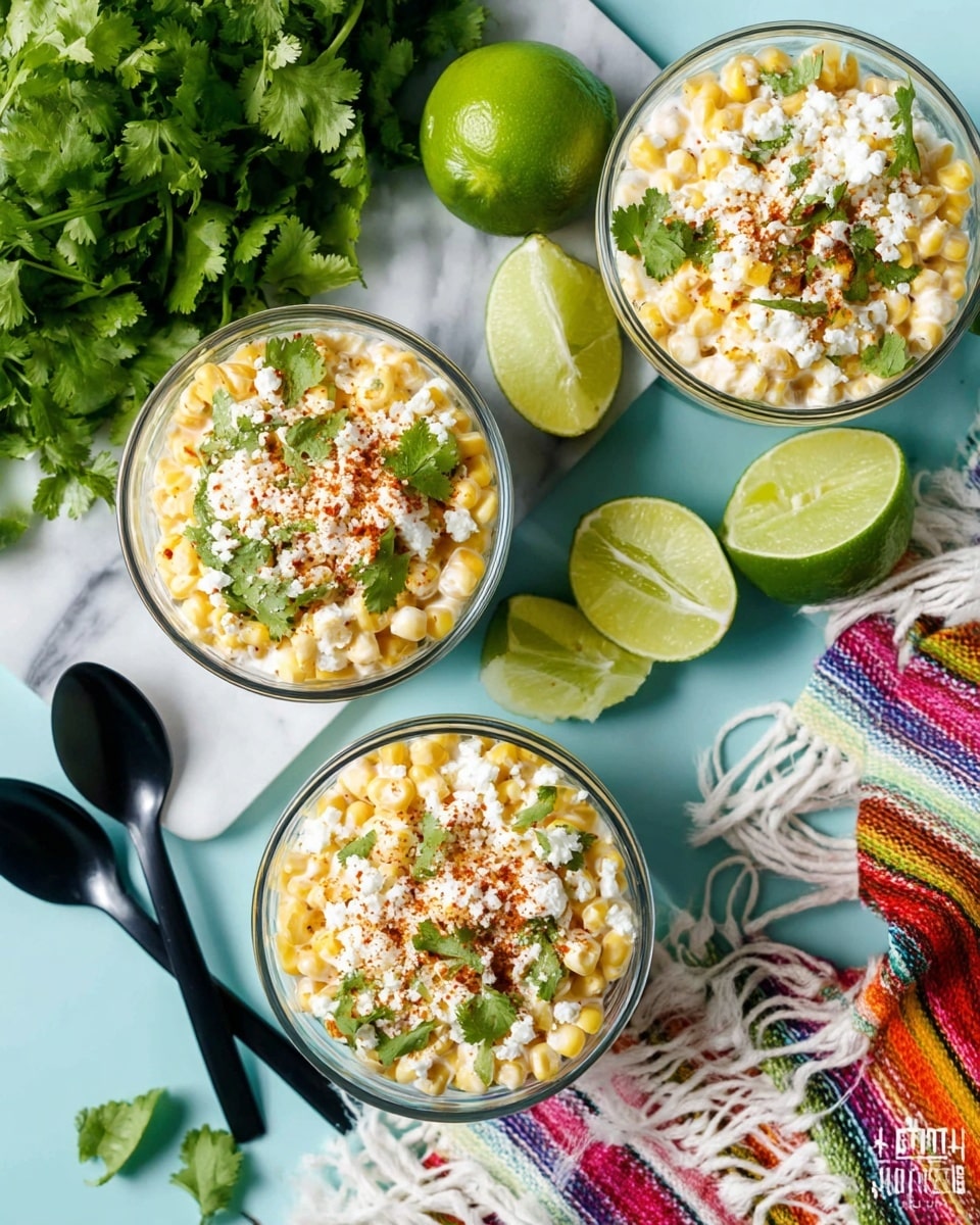 The image shows three clear glass bowls filled with a creamy corn salad. Each bowl has a base layer of yellow corn mixed with white cream, topped with white crumbled cheese, green cilantro leaves, and a sprinkle of red chili powder. A fresh half lime slice rests on the edge of each bowl. The bowls are placed on a white marbled surface with lime halves and wedges, fresh cilantro bunch, two black spoons, and a colorful striped cloth with white fringe nearby. Photo taken with an iphone --ar 4:5 --v 7