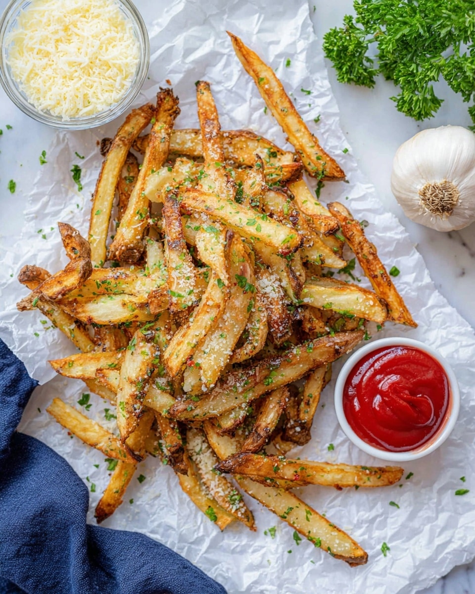 A pile of golden-brown French fries sits on crinkled white parchment paper over a white marbled surface. The fries are crispy with some specks of green parsley and bits of grated parmesan cheese sprinkled evenly over them. To the right of the fries is a small white ramekin filled with bright red ketchup. In the upper left corner, there is a clear glass bowl filled with grated parmesan cheese. Fresh parsley is placed on the upper right side next to a bulb of garlic. The edge of a dark blue cloth is visible in the lower left corner. Photo taken with an iphone --ar 4:5 --v 7