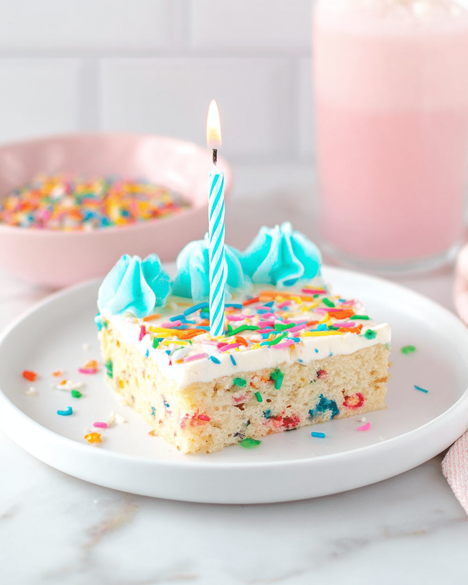 A single square slice of birthday cake sits on a white plate, showing a light yellow cake base speckled with colorful sprinkles inside. The top layer is smooth white frosting, decorated with scattered rainbow sprinkles and a row of bright blue swirled frosting along the back edge. In the center of the slice, a single light blue striped candle is lit with a small yellow flame. The background includes a soft pink bowl filled with more rainbow sprinkles and a pink frosted drink, all placed on a white marbled surface. photo taken with an iphone --ar 4:5 --v 7