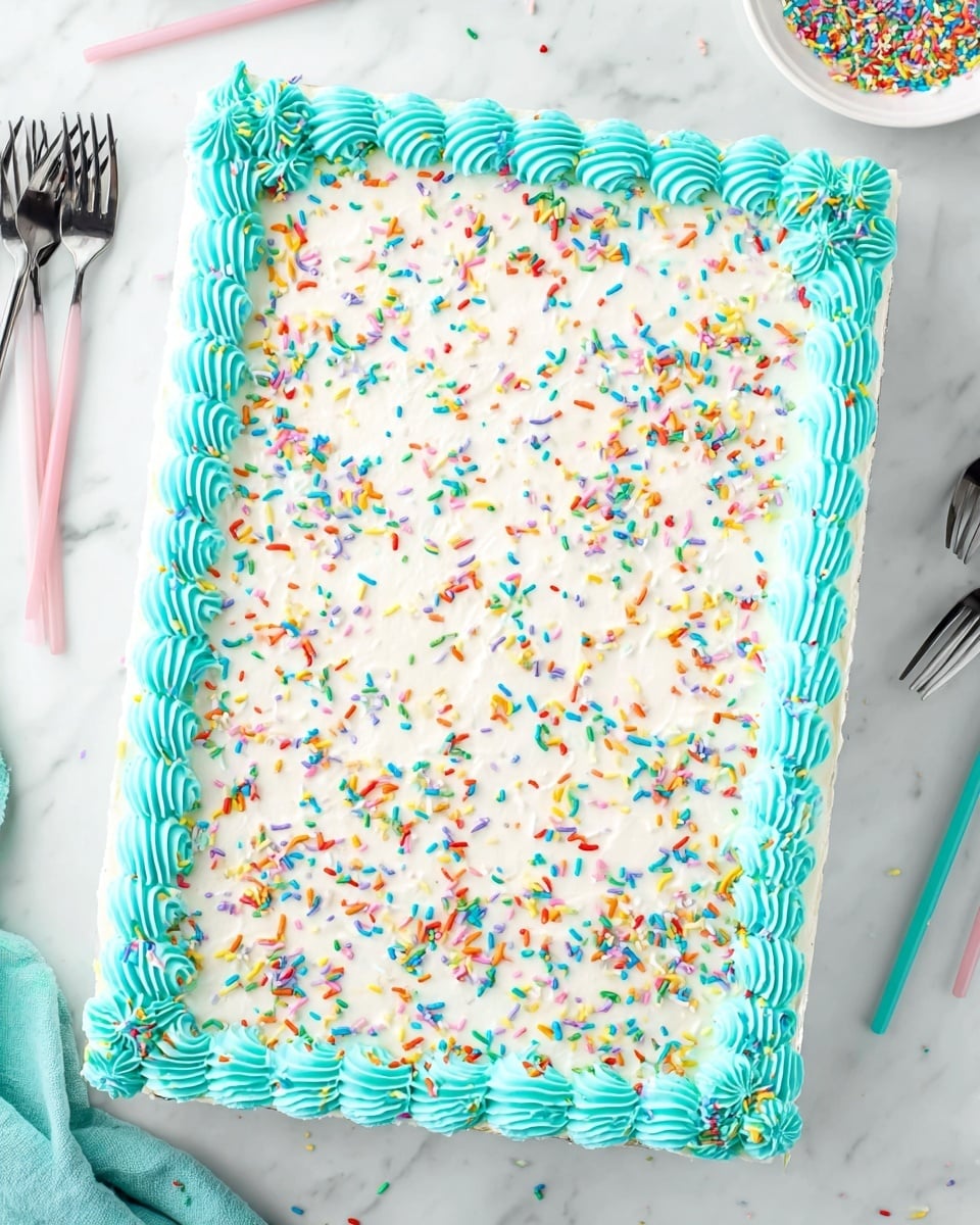 A rectangular cake with one main layer covered in smooth white frosting, topped with colorful rainbow sprinkles scattered evenly all over the surface. The edges are decorated with a thick border of piped turquoise frosting in a swirled pattern. The cake rests on a white marbled texture background. Around the cake are pastel-colored candles and a white plate with black forks above. photo taken with an iphone --ar 4:5 --v 7