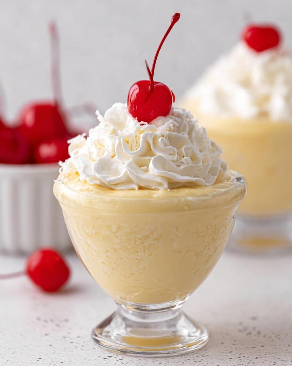 A clear glass dessert cup filled with a creamy yellow pudding layer that has a smooth yet slightly textured surface, topped with a generous swirl of white whipped cream with soft peaks, and finished with a bright red maraschino cherry with a long stem placed on top; the dessert cup sits on a white marbled texture background with a blurred white bowl of cherries and another similar dessert in the background. photo taken with an iphone --ar 4:5 --v 7