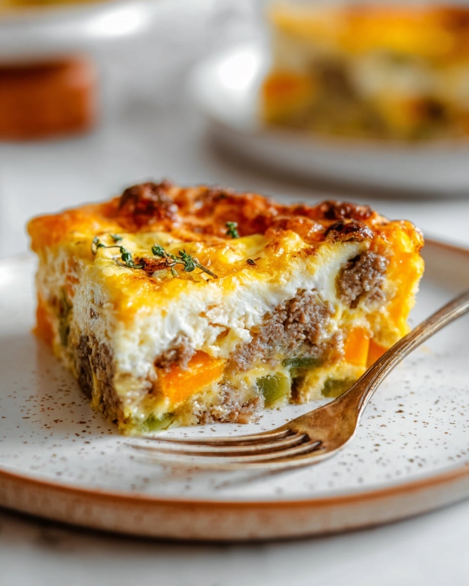 A thick slice of a baked egg dish sits on a white plate with subtle speckles, placed on a white marbled surface. The slice shows three main layers: the top layer is golden and slightly browned with a firm texture, the middle layer is creamy white mixed with light brown crumbled meat and small pieces of green vegetable, and the bottom layer has chunks of bright orange vegetables. A fork rests on the plate near the slice, and the background is softly blurred with a similar slice visible in the distance. photo taken with an iphone --ar 4:5 --v 7