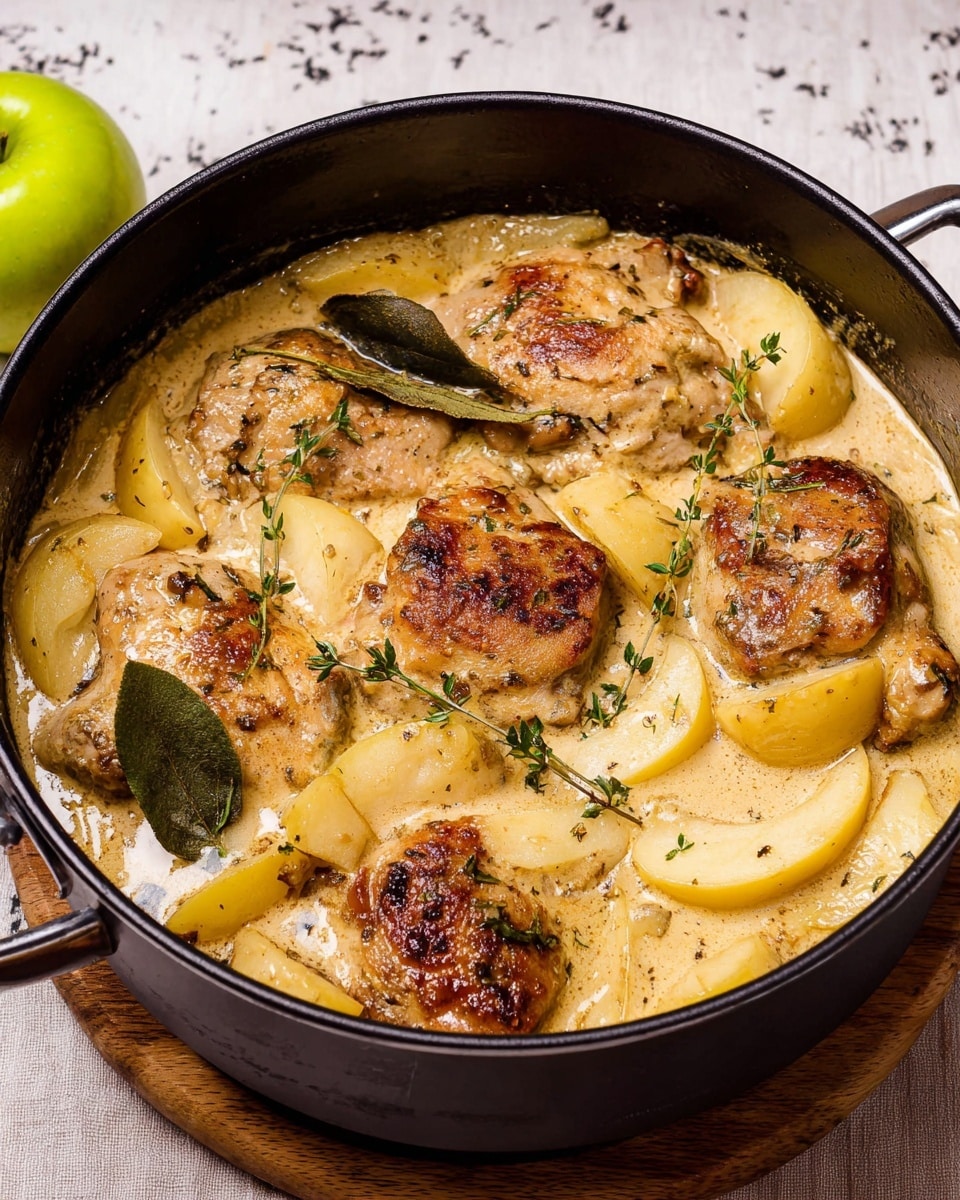 The image shows a close-up of a black pot filled with a creamy dish. Inside, there are five browned chicken pieces, each with a golden brown crust on top. The dish has a thick beige sauce mixed with soft yellow apple slices scattered evenly throughout. Small green fresh herb leaves and whole dried bay leaves are placed on top, adding touches of green and brown. The pot sits on a wooden board with a whole green apple visible on the side, all set against a white marbled texture background. photo taken with an iphone --ar 4:5 --v 7