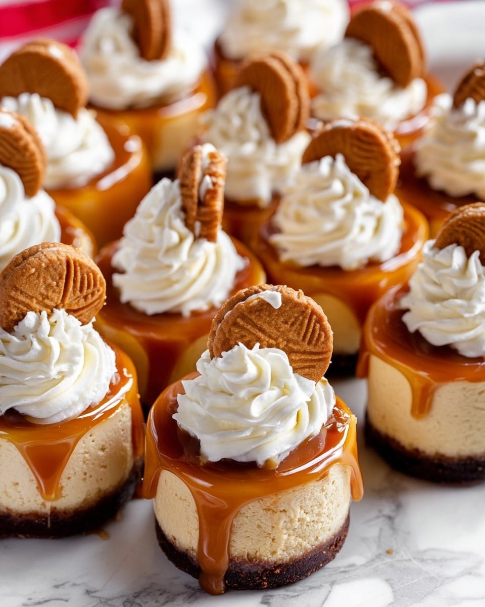 The image shows several small cheesecakes arranged closely together on a white marbled surface. Each cheesecake has three layers: a bottom dark brown crust, a thick middle light tan cream cheesecake layer, and a top layer covered in a shiny caramel sauce that drips slightly over the sides. Some cheesecakes are topped with a swirl of white whipped cream, and a few have a small round caramel cookie inserted at an angle into the cream. The overall texture looks smooth and creamy with a rich caramel shine on top. Photo taken with an iphone --ar 4:5 --v 7