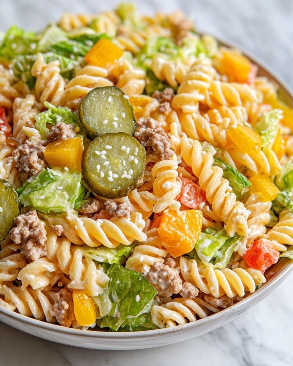 A close-up view of a white bowl filled with a colorful pasta salad showing three layers: the base layer is coiled rotini pasta in cream and light yellow shades, mixed evenly with chunks of green lettuce and bright yellow bell peppers; the middle layer includes diced orange and red bell peppers adding more color contrast; the top layer features slices of green pickles dotted with white sesame seeds and small pieces of cooked ground beef in light brown, scattered throughout the salad creating a textured look; all ingredients appear coated lightly with a creamy dressing, sitting on a white marbled surface. photo taken with an iphone --ar 4:5 --v 7