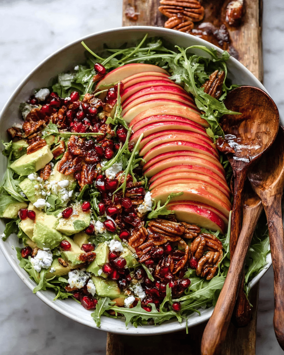 A white bowl holds a fresh salad packed with layers: a base of deep green arugula leaves spread across the bowl, topped with thin slices of bright red and pink apple arranged neatly in rows. Scattered among them are small, shiny pomegranate seeds adding pops of dark red, creamy white crumbles of cheese, and chunks of light green avocado. Toasted seeds and pecans add a crunchy texture, while thin reddish-brown pieces, likely caramelized or roasted, are mixed in. Two wooden salad spoons rest partially in the bowl on one side, all set on a white marbled surface. Photo taken with an iphone --ar 4:5 --v 7