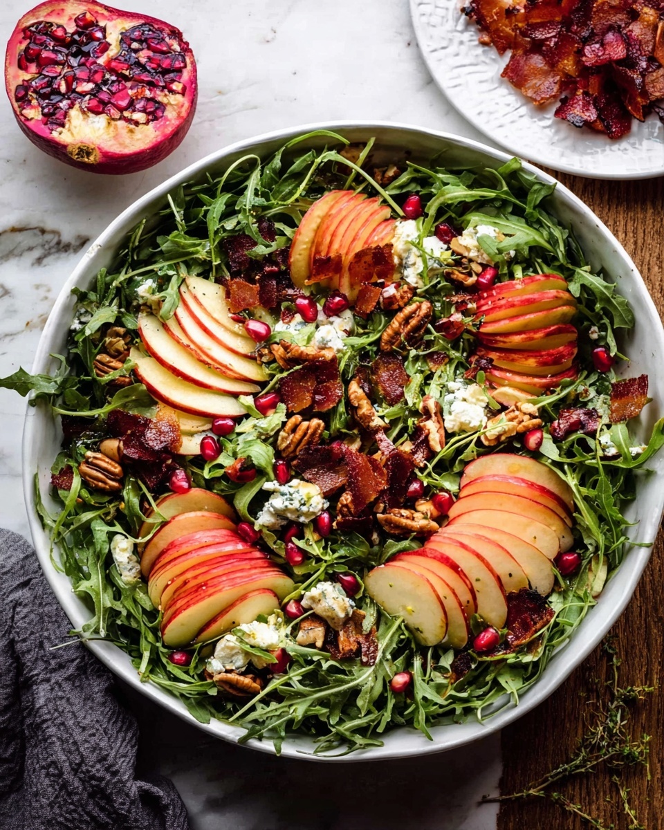 A large white bowl filled with a fresh salad sits on a white marbled surface. The bottom layer is dark green arugula leaves, spread thickly around the bowl. On top are thin slices of red and pale yellow apple, arranged in small clusters around the bowl’s edge. Scattered across the salad are bright red pomegranate seeds, toasted nuts with a shiny brown color, and small chunks of white cheese crumbles. There are also pieces of crispy, thinly cooked meat spread evenly, adding a rich reddish-brown texture. A white plate holds a half-cut pomegranate with red seeds visible, placed next to the salad bowl. The overall look is colorful, fresh, and inviting, with a mix of green, red, and white colors creating a balanced, layered effect. photo taken with an iphone --ar 4:5 --v 7