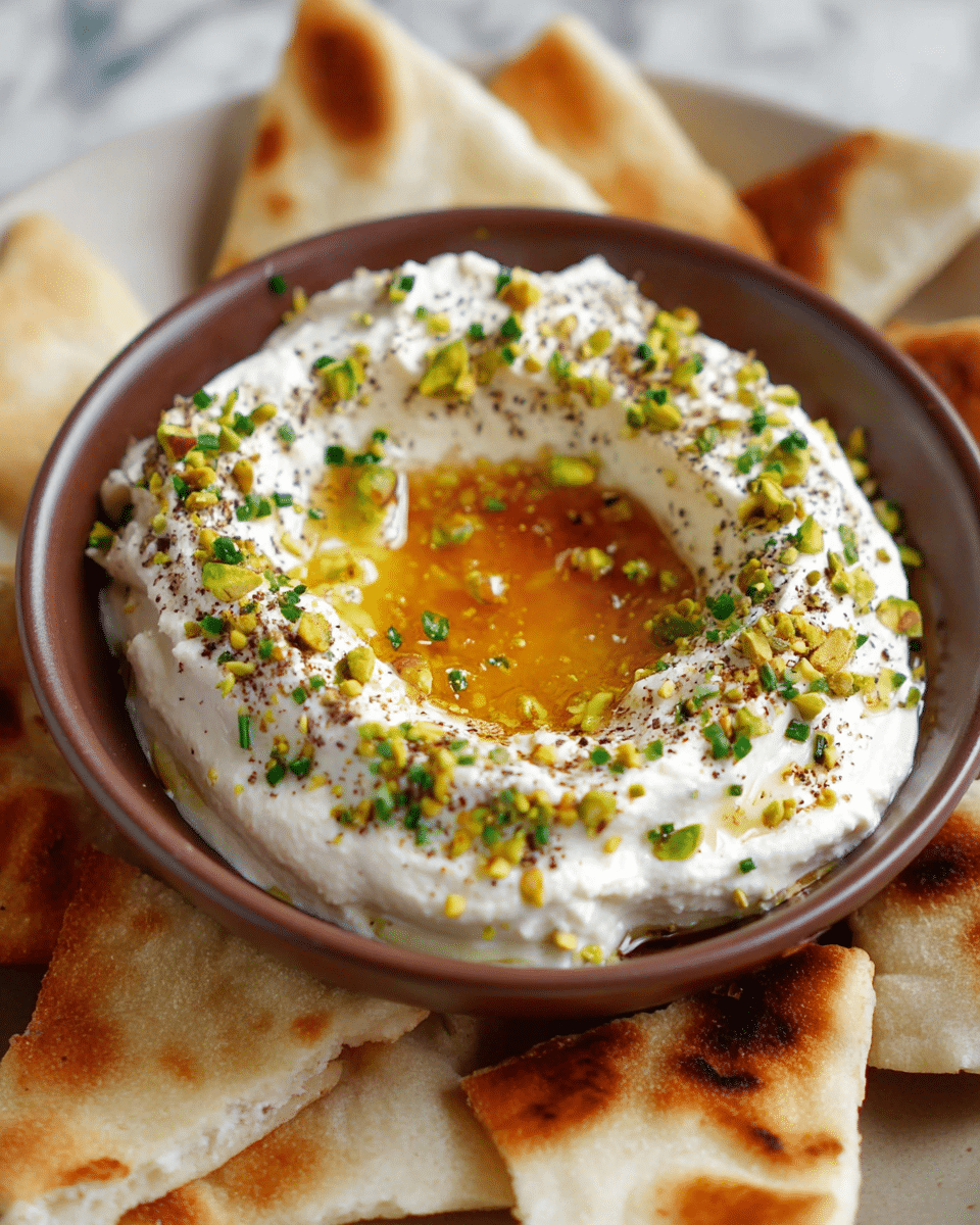 A brown bowl holds a creamy white spread shaped like a ring with a smooth, slightly textured surface. Inside the ring is a pool of golden honey that looks shiny and thick. The white spread is sprinkled with small green chopped pistachios and finely chopped dark green chives, adding texture and color. The bowl sits on pieces of warm, soft, toasted pita bread with golden-brown spots around it. The background is a white marbled texture. Photo taken with an iphone --ar 4:5 --v 7