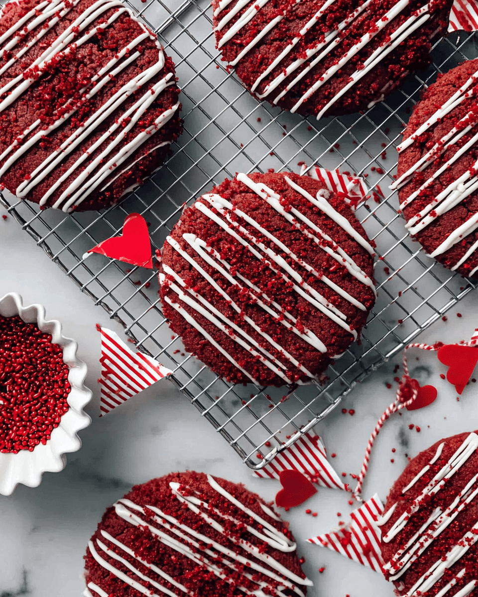 The image shows several round red velvet cookies laid on a metal cooling rack over a white marbled surface. Each cookie has a deep red color with a slightly rough texture from the red cake crumbs on top. They are drizzled with thin, white icing lines in a diagonal pattern, giving a nice contrast to the red. To the side of the cookies is a small scalloped white bowl filled with shiny, red sprinkles. Nearby, small white flags with red hearts are attached to red and white striped strings, adding a festive touch. The overall look is bright and colorful with attention to the rich red and clean white details. photo taken with an iphone --ar 4:5 --v 7