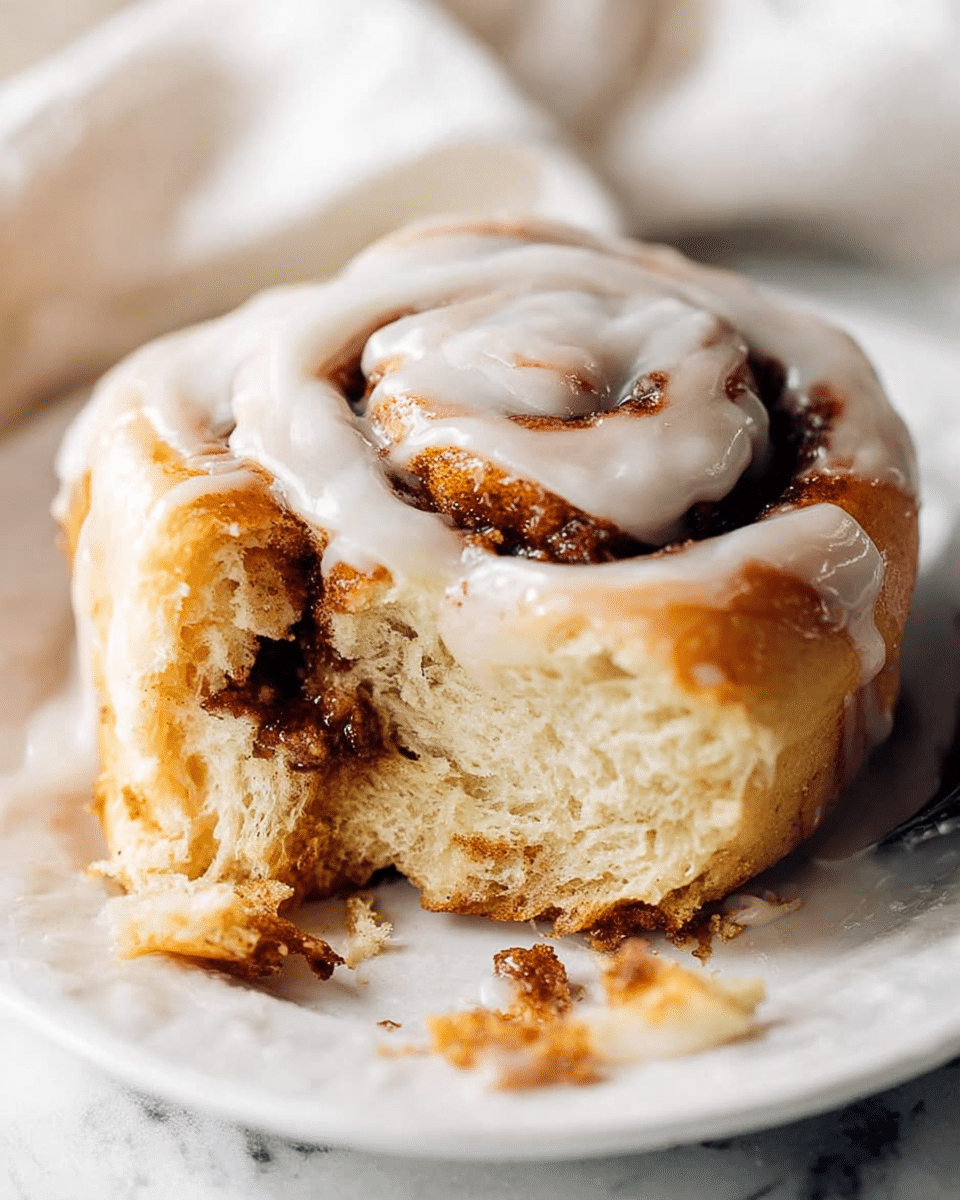 The image shows a close-up of one cinnamon roll on a white plate with a white marbled texture surface. The cinnamon roll has three visible layers: the outer layer is thick and golden brown with a soft, fluffy texture, the middle layer has a dark brown color filled with cinnamon and sugar, and the top layer is covered with smooth, creamy white icing that glistens slightly. The cinnamon roll is partly torn open, showing its soft, gooey inside with bits of cinnamon filling crumbled on the plate. A white cloth is slightly visible in the background. Photo taken with an iphone --ar 4:5 --v 7