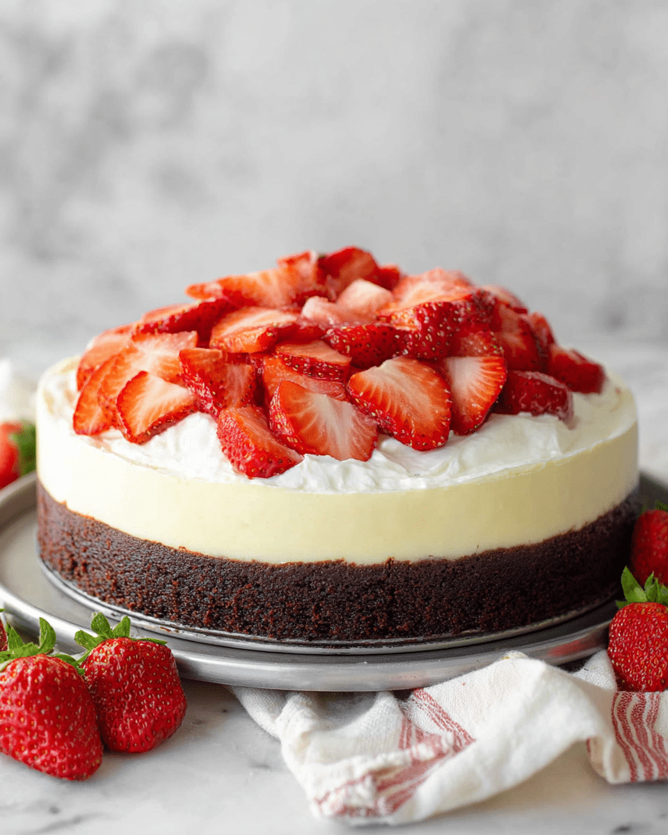 The image shows a three-layer dessert on a silver metal base, placed on a white marbled surface with a folded cloth underneath. The bottom layer is thick and dark brown, dense like chocolate cake or brownie. The middle layer is thick and creamy, light yellow or off-white, smooth and firm. The top layer is a fluffy white cream spread evenly, covered by a generous pile of fresh red strawberry slices and halves that add a bright, juicy contrast. Some whole and cut strawberries are scattered around the base of the dessert, enhancing its fresh look. photo taken with an iphone --ar 4:5 --v 7