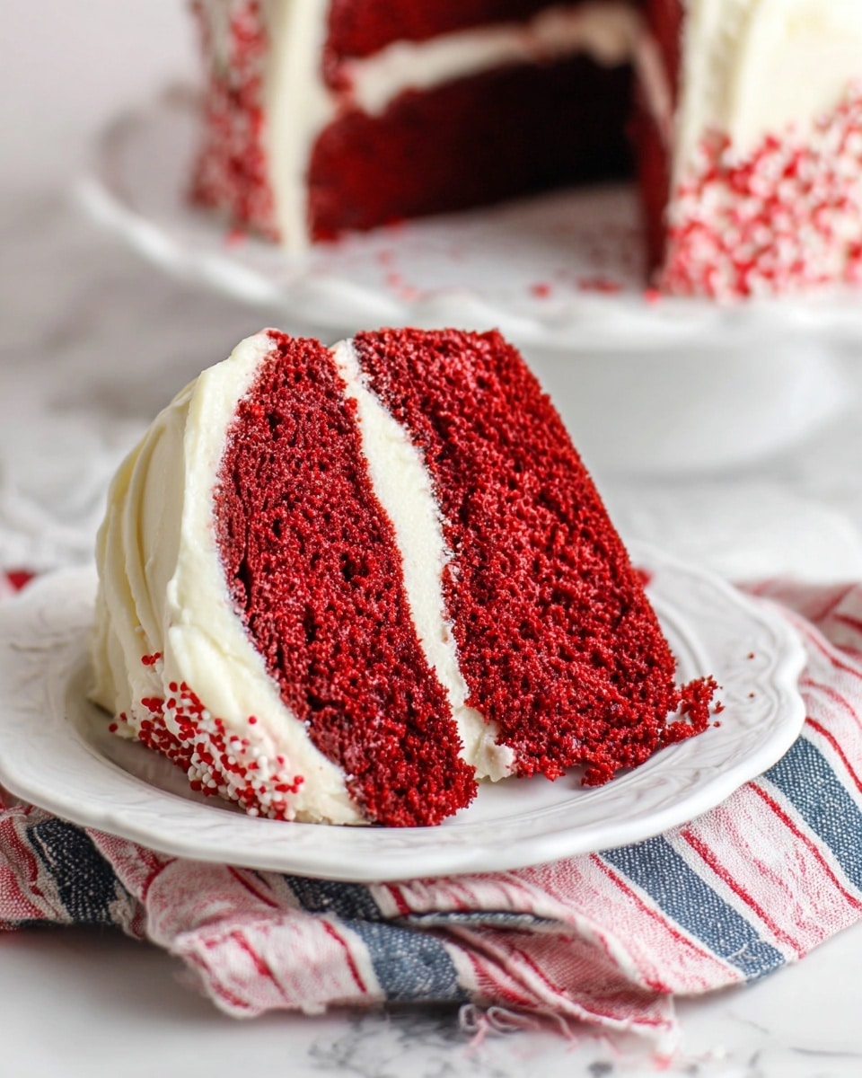 A slice of red velvet cake sits on a white plate with a ruffled edge, placed over a folded cloth napkin with red, blue, and white stripes. The cake has two visible layers of deep red, soft crumb separated by a thick, smooth layer of white cream cheese frosting. More white frosting covers the bottom edge of the cake slice, with small white sprinkles scattered lightly around. In the blurred background, another whole red velvet cake with white frosting drizzled on top sits on a white plate, all on a white marbled surface. photo taken with an iphone --ar 4:5 --v 7