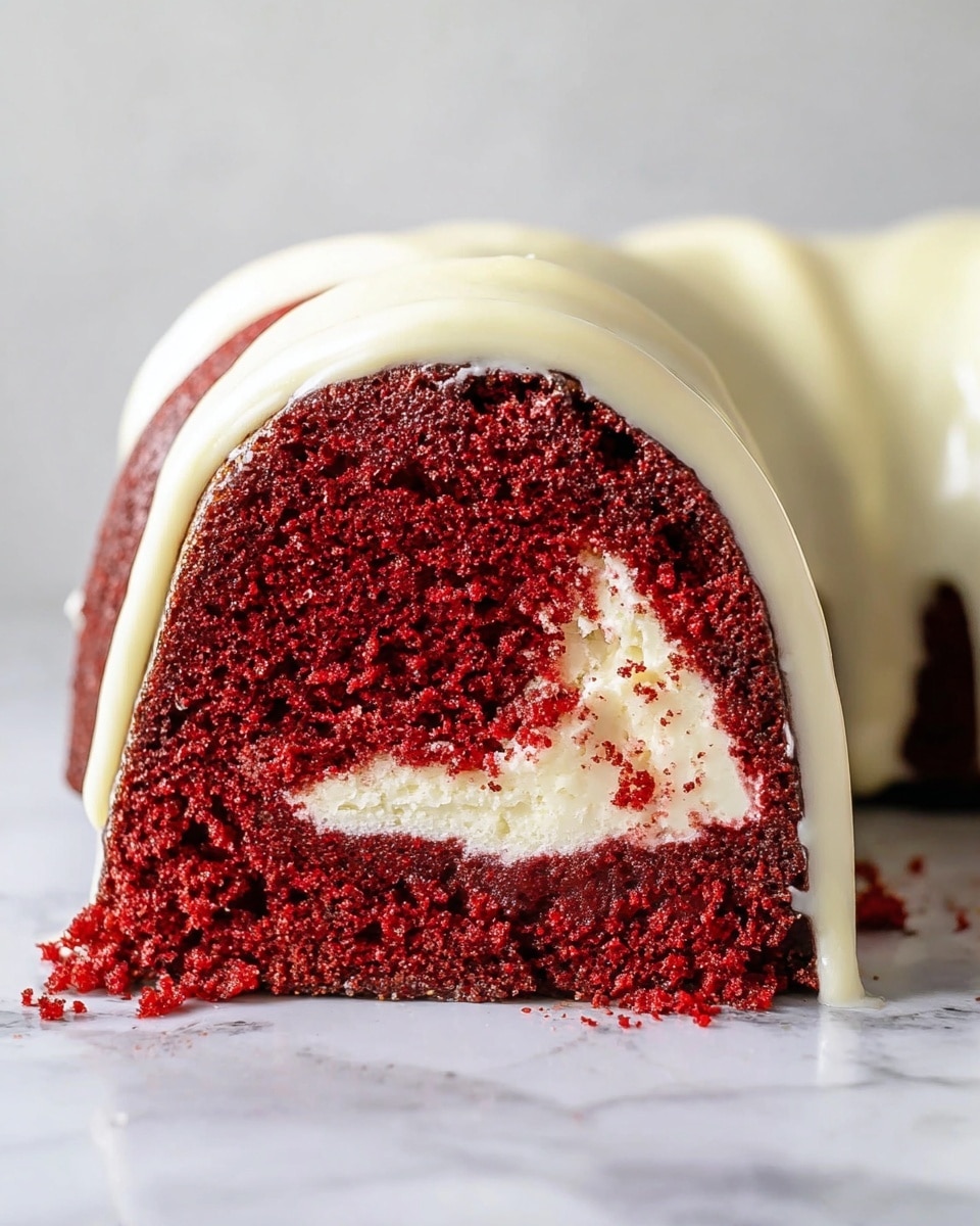 The image shows a thick slice of red velvet bundt cake with three distinct layers. The bottom and largest layer is a rich, deep red crumbly cake with a soft texture. Above this is a thinner, creamy white layer of smooth cream cheese filling that creates a firm but soft contrast. The whole cake slice is covered with a thick, creamy white icing that drips slightly down the sides, with a few small crumbs at the base. The cake is placed on a white marbled surface, and the lighting highlights the moist texture and vibrant color. Photo taken with an iphone --ar 4:5 --v 7