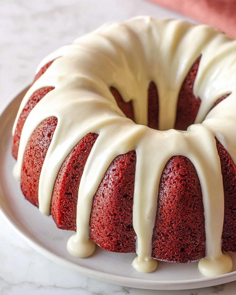 A single-layer red bundt cake with a deep reddish-brown textured surface sits on a white plate, topped with thick, smooth white icing that drips down the sides in large, even streams, creating a striped pattern with spaces of red cake visible between each stream. The cake is centered in the frame on a white marbled surface. photo taken with an iphone --ar 4:5 --v 7