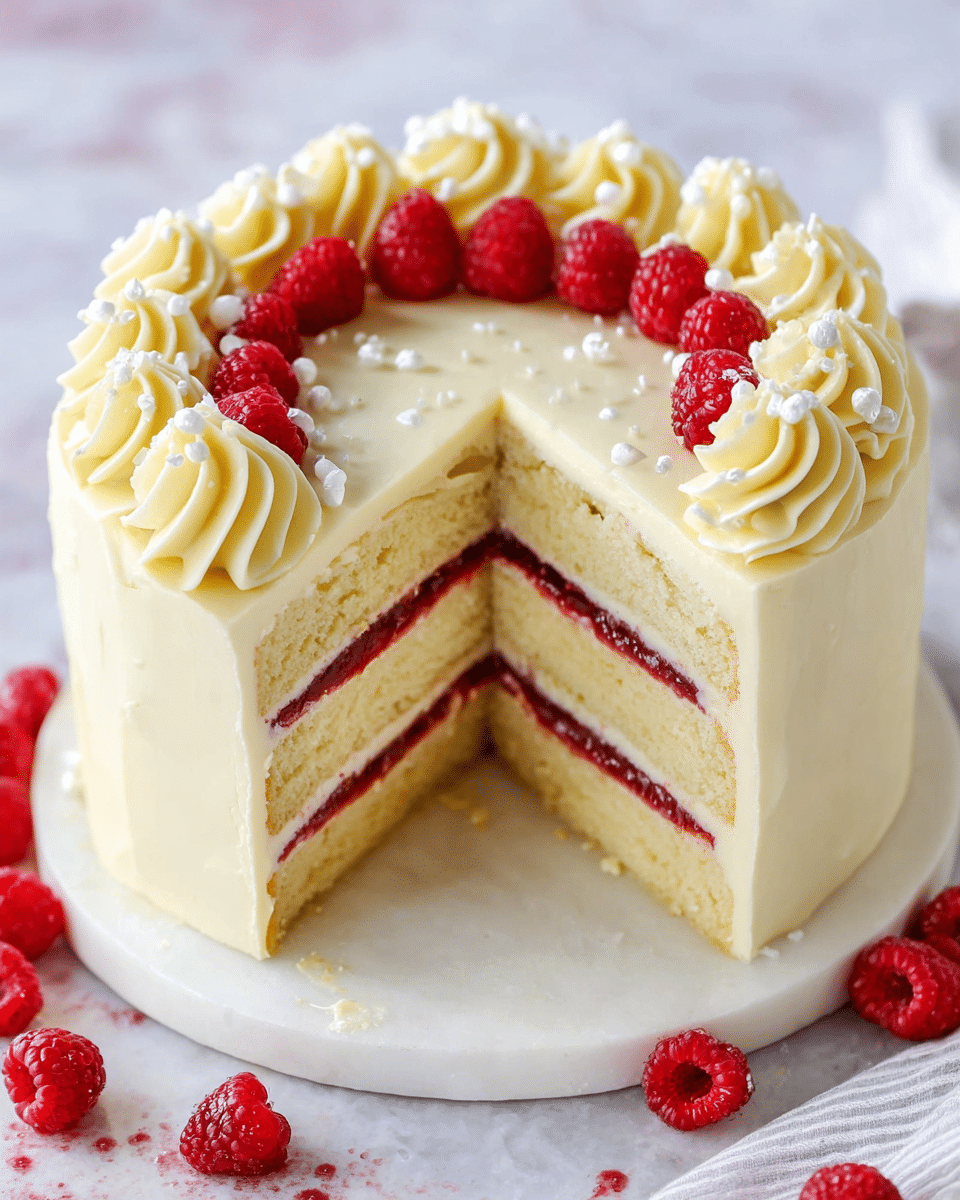 A three-layer cake with pale yellow sponge separated by two thin layers of red fruit jam. The outside is covered smoothly with light cream frosting. The top edge is decorated with swirled cream rosettes in a pale yellow color, spaced evenly with fresh red raspberries. Several white small round sprinkles are scattered on top. The cake sits on a white round base placed on a white marbled texture surface, with extra raspberries around it. A slice is cut out, showing the inside layers clearly. Photo taken with an iphone --ar 4:5 --v 7