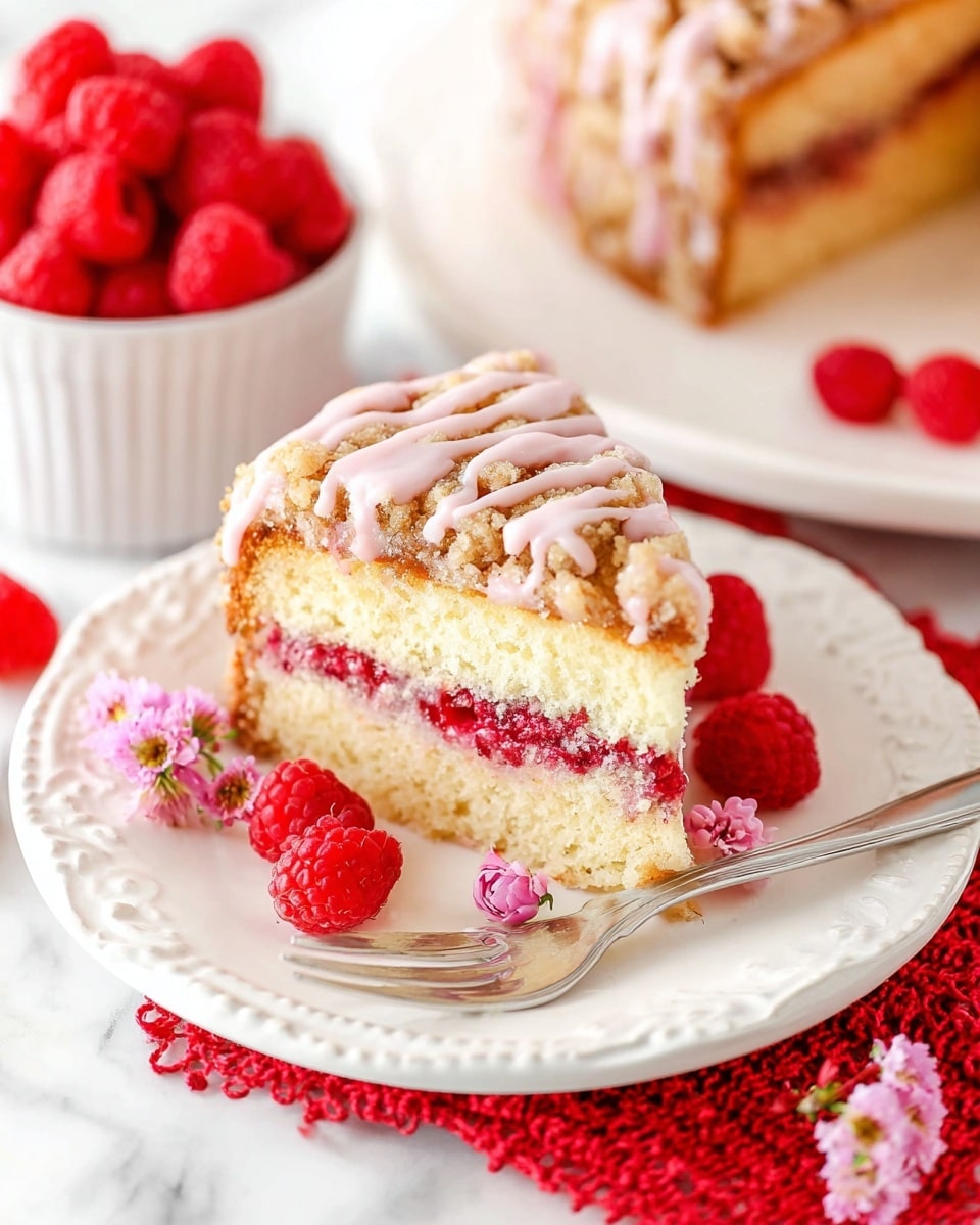 A slice of layered raspberry crumb cake sits on a white plate with decorative edges. The cake has three visible layers: a bottom light yellow sponge layer, a middle layer of bright red raspberry filling, and a top golden crumb layer covered with a light pink drizzle of icing. Fresh red raspberries and small pink flower buds are placed around the slice on the plate. A silver fork rests beside the cake on the plate. In the background, there is a white bowl filled with fresh raspberries and the rest of the crumb cake partially visible on a white plate. The scene is set on a white marbled surface with a red textured cloth partly under the plate. Photo taken with an iphone --ar 4:5 --v 7