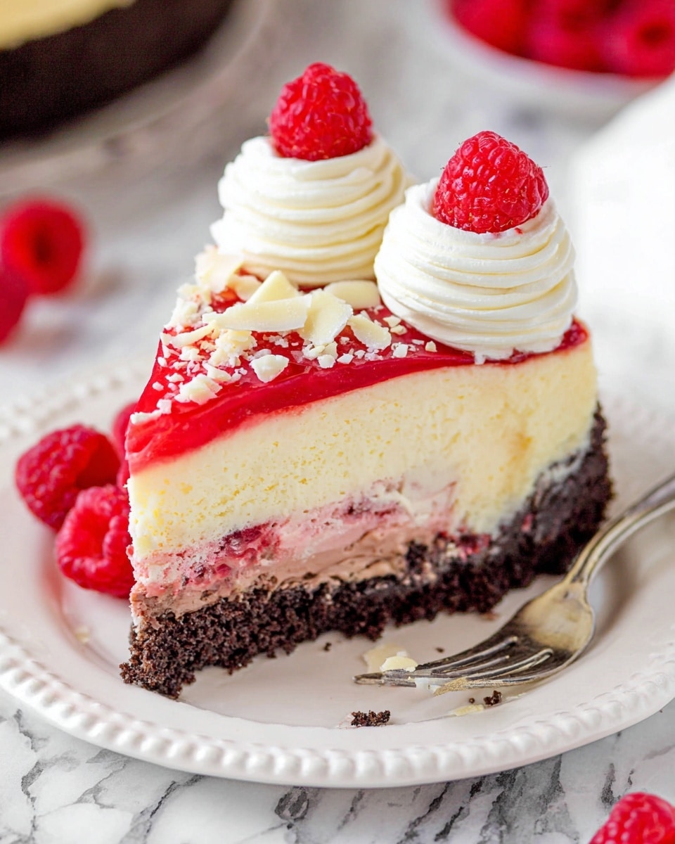 A round cheesecake with three visible layers sits on a white plate with ruffled edges, placed on a white marbled surface. The bottom layer is dark and crumbly, almost black in color. The middle layer is thick and creamy pale yellow, topped by a shiny red fruit glaze layer that is smooth and glossy. On top, there are dollops of white whipped cream evenly spaced around the edge, each topped with a bright red raspberry. The center of the cake has three additional raspberries and is sprinkled with small white chocolate shavings. More white chocolate shavings are scattered on the plate around the cake. A bowl of fresh raspberries is blurred in the background. photo taken with an iphone --ar 4:5 --v 7