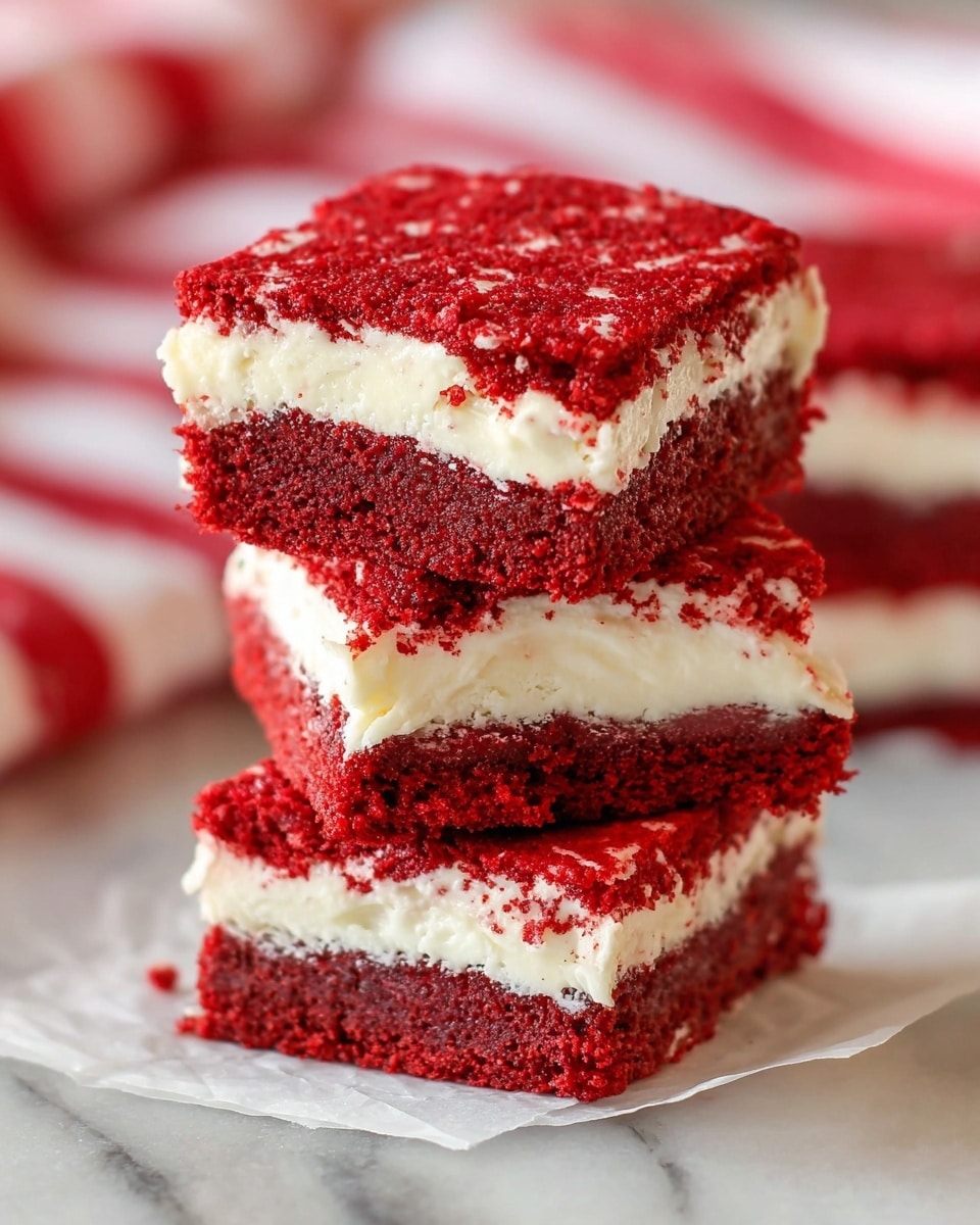 A stack of three square red velvet cake pieces is shown, each piece having three layers: a thick, moist, deep red cake layer on the bottom, a creamy white frosting layer in the middle, and another thick red cake layer on top with a smooth, slightly textured surface. The frosting layer is visible between the cake layers, slightly uneven in thickness. The cake pieces rest on white parchment paper, placed on a white marbled surface with a red and white striped cloth blurred in the background. The focus is sharp on the cake stack, showing the crumbly texture of the red cake and creamy smoothness of the frosting. Photo taken with an iphone --ar 4:5 --v 7