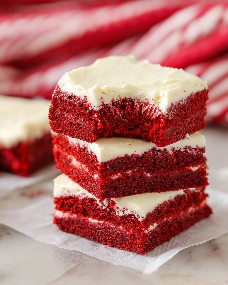 The image shows a close-up of three stacked red velvet cake squares with cream cheese frosting in between each layer. Each cake square has two layers of bright red, moist, and soft cake with a thick middle layer of smooth, white cream cheese frosting. The top cake square has a small bite taken out, revealing the soft texture inside. The pieces rest on white parchment paper over a white marbled surface, with a red and white striped cloth blurred in the background. Photo taken with an iphone --ar 4:5 --v 7