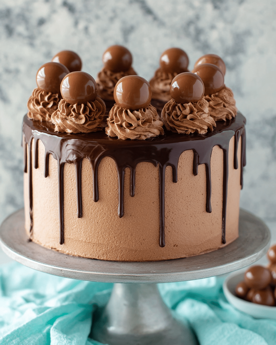 This is a tall, smooth chocolate cake with a shiny dark chocolate drip running down the sides unevenly. The cake is covered all over with light brown chocolate frosting and topped with eight swirls of the same frosting evenly spaced around the edge. Each swirl holds a round, glossy chocolate ball. The cake sits on a silver cake stand against a white marbled background, with a light blue cloth draped around the base. photo taken with an iphone --ar 4:5 --v 7