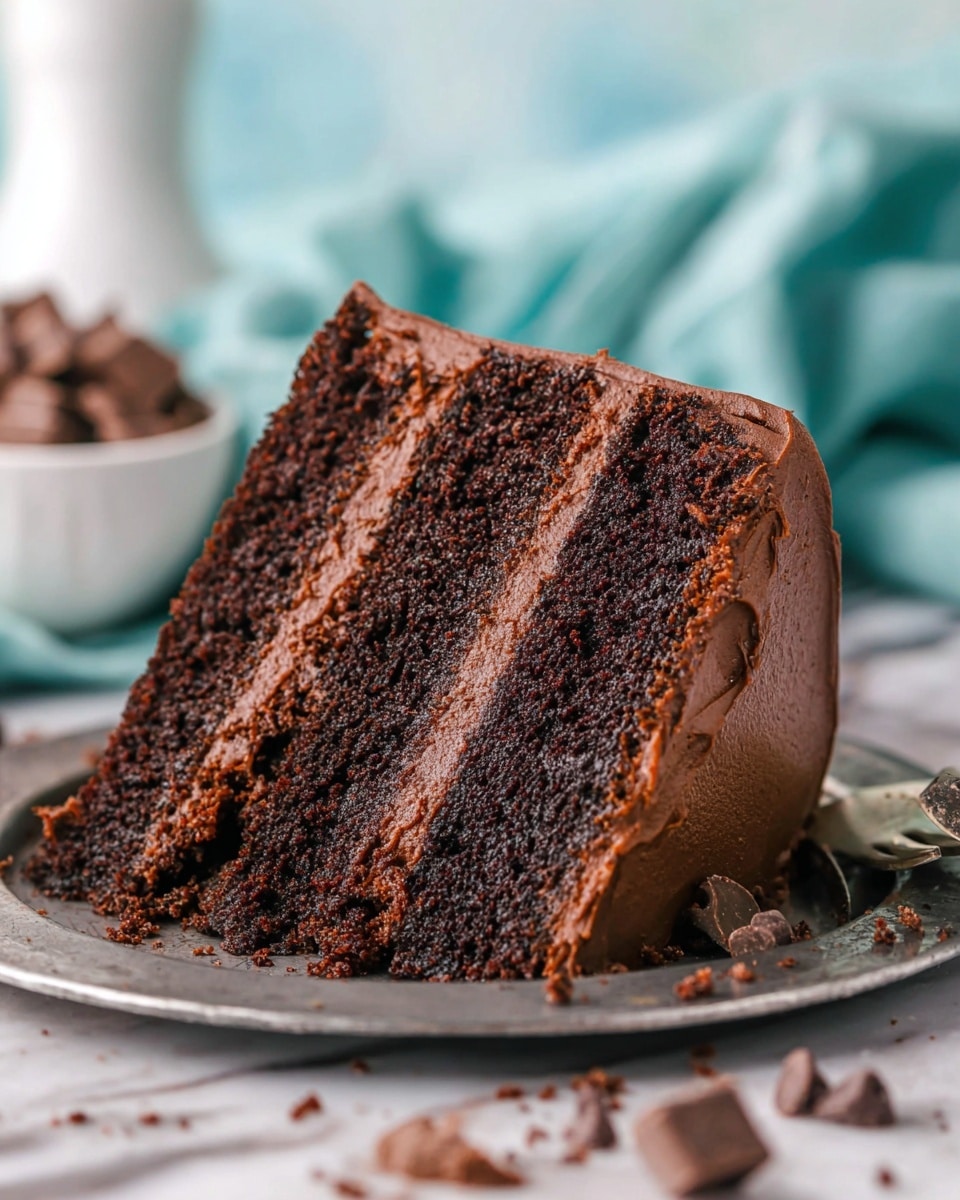 A close-up of a slice of chocolate cake with three thick layers of dark brown, moist cake, separated by two smooth, rich dark chocolate frosting layers in the middle. The slice is covered on the sides and top with a slightly lighter and glossy chocolate frosting, showing a creamy texture. The cake is placed on a round silver metal plate, with some crumbs and small chocolate chips scattered around it. In the background, there is a soft blue cloth and a blurred white bowl filled with chocolate pieces, all set on a white marbled surface. Photo taken with an iphone --ar 4:5 --v 7