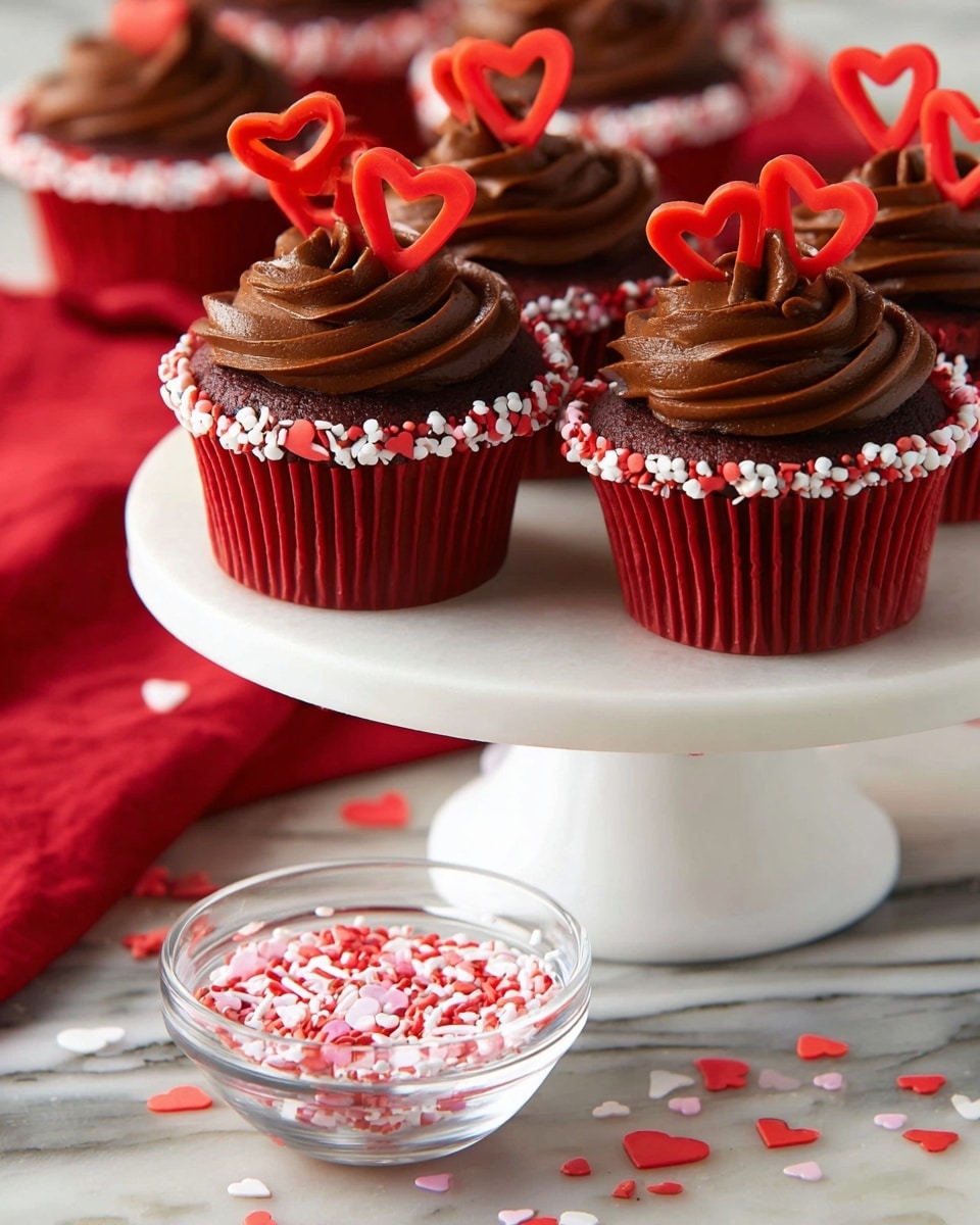A white cake stand holds two layers of red velvet cupcakes, each with a deep red base wrapped in a red paper liner. The cupcakes are topped with two smooth swirls of thick, dark chocolate frosting. Around the base of the frosting, colorful small heart-shaped sprinkles in white, pink, and red create a ring. Each cupcake has two red heart-shaped decorations standing upright on top. In the foreground, a small clear glass bowl filled with similar heart-shaped sprinkles sits on a white marbled surface with some scattered sprinkles and a red cloth partially visible behind it. photo taken with an iphone --ar 4:5 --v 7