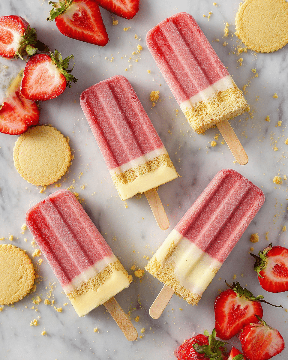 The image shows five popsicles laid out on a white marbled surface. Each popsicle has three visible layers: a bottom crumbly light yellow layer, a middle creamy white layer, and a top bright pink layer with a textured ribbed pattern. Crumbs are scattered around the popsicles, along with several whole and halved fresh strawberries, which add bright red color and green leaves. Two round light yellow cookies are also placed near the center of the image. The popsicles are on wooden sticks, and the scene is brightly lit, giving a fresh and inviting look. Photo taken with an iphone --ar 4:5 --v 7