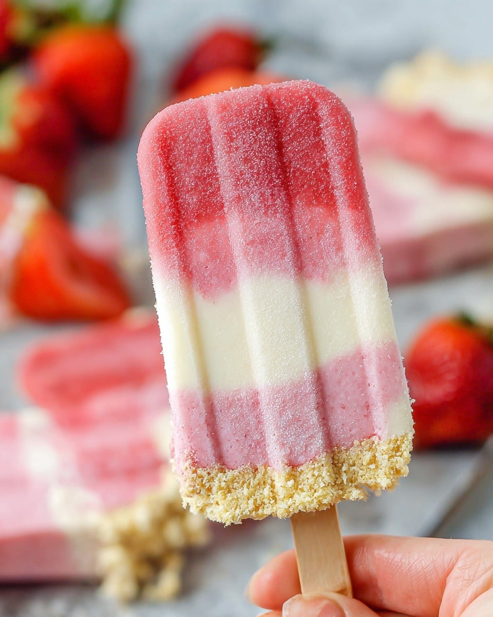A close-up of a frozen popsicle held by a woman's hand shows three visible layers. The top layer is a smooth, bright pink with faint vertical ridges, followed by a creamy white middle layer that looks soft and slightly crumbly. The bottom layer has a mix of pink and white with some frosty texture, and it rests on a crumbly light beige crust at the base. In the blurred background, there are fresh red strawberries and other similar popsicles on a white marbled surface. photo taken with an iphone --ar 4:5 --v 7