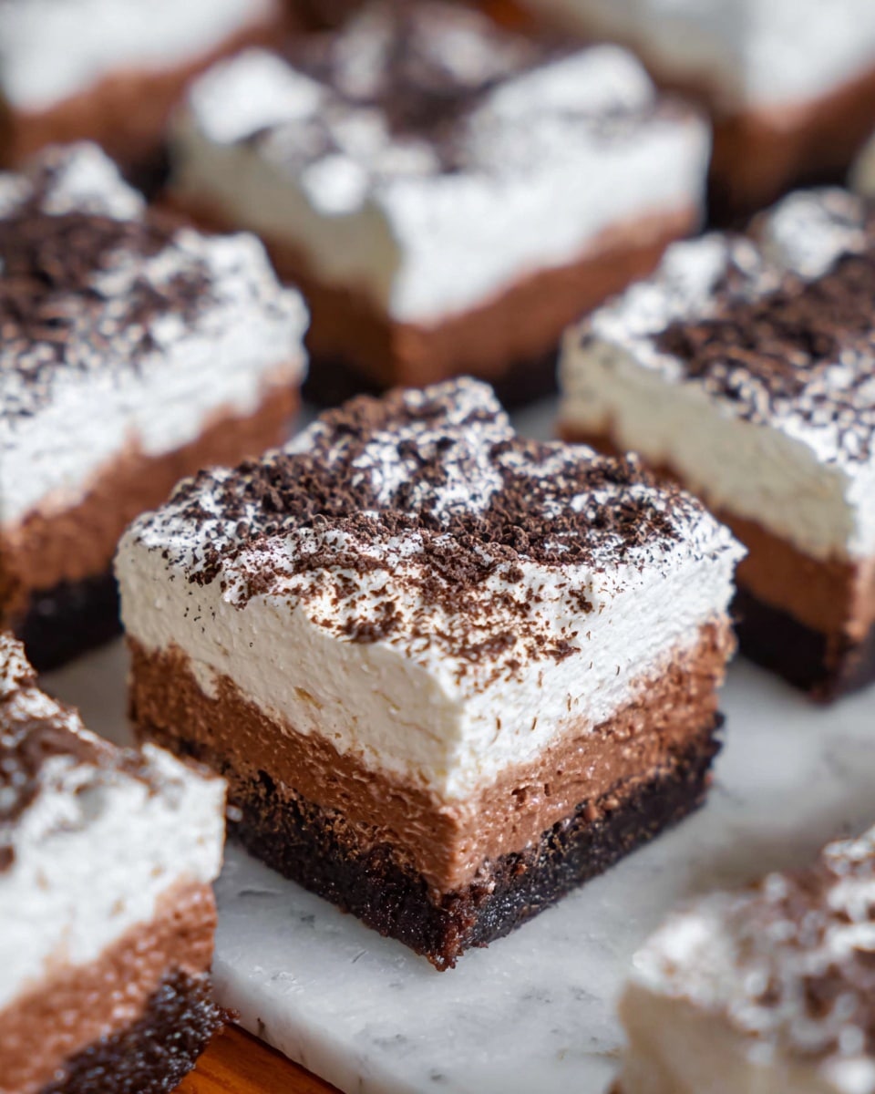 The image shows several square dessert bars arranged on a white marbled surface. Each bar has three distinct layers: a dense, dark brown base that looks like a chocolate crust, a thick middle layer of creamy light brown filling, and a top layer of white whipped cream sprinkled generously with dark brown cocoa powder or chocolate crumbs. The surface of the whipped cream is fluffy with soft peaks, and the texture of the base appears firm while the middle layer looks smooth and silky. The bars are cut evenly and placed close together, creating a neat and appealing presentation. photo taken with an iphone --ar 4:5 --v 7