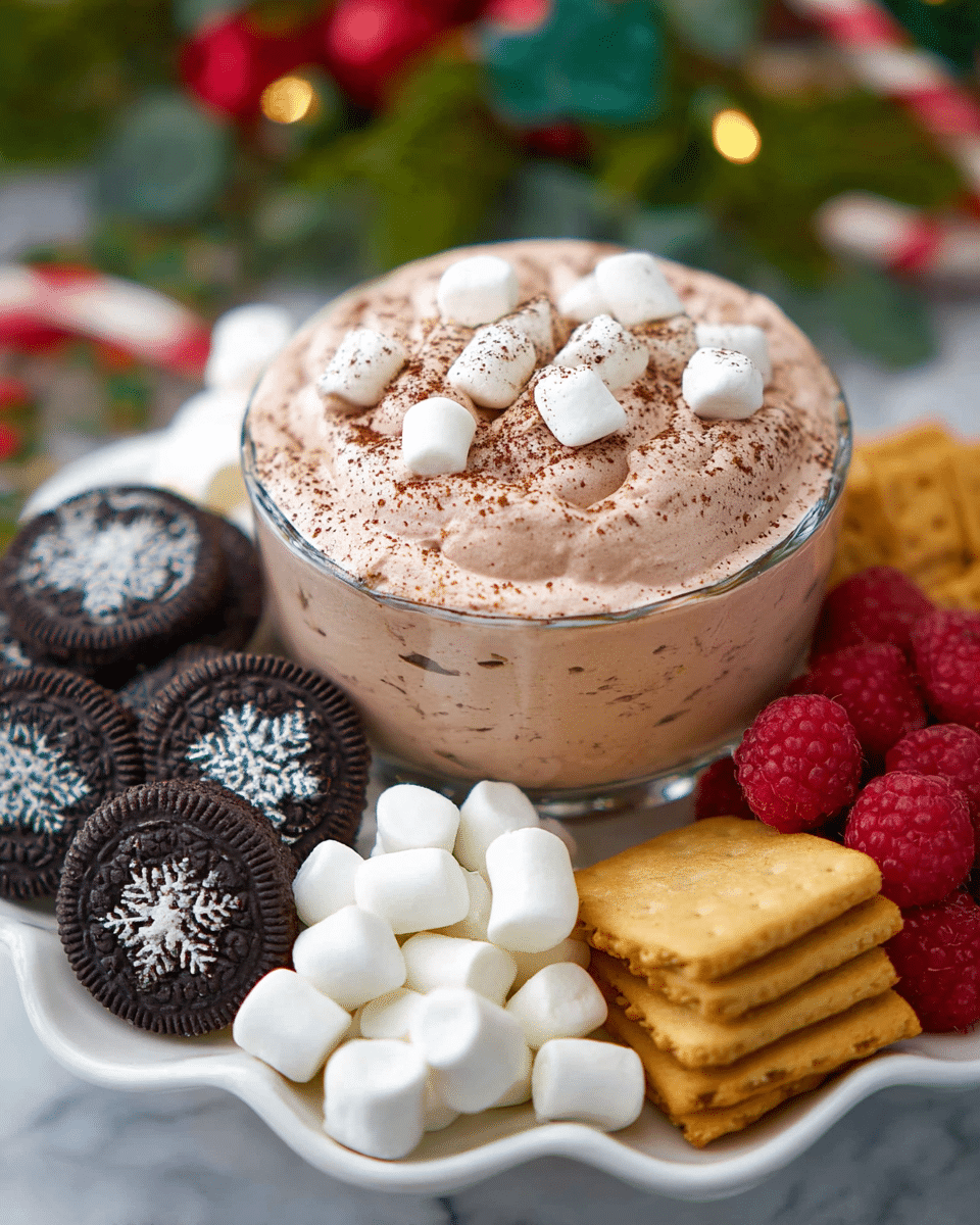 The image shows a clear glass bowl filled with a thick, light brown mousse-like dessert, topped with small white marshmallows and a light dusting of cocoa powder. Surrounding the bowl on a white wavy-edged plate are different treats arranged in sections: black sandwich cookies with white snowflake decorations, fresh red raspberries, white large marshmallows, and golden brown rectangular cookies. The plate sits on a white marbled surface with blurred greenery and red and white holiday colors in the background. photo taken with an iphone --ar 4:5 --v 7