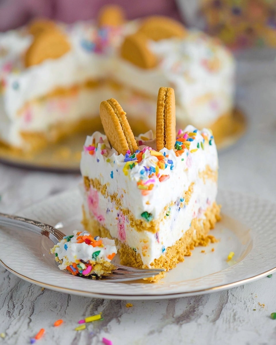 A slice of layered cake sits on a white plate with a silver rim, placed on a white marbled texture surface. The cake has three distinct layers: a bottom crumbly golden crust, a thick middle layer of white creamy filling with colorful sprinkles mixed inside, and a thick white whipped cream layer on top, decorated with more rainbow sprinkles and two golden cream-filled sandwich cookies standing vertically in the center. A fork with a small piece of cake covered in sprinkles and whipped cream rests on the plate near the slice. The background features a blurred cake with similar layers and scattered sprinkles. Photo taken with an iphone --ar 4:5 --v 7