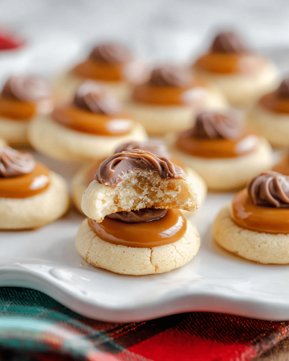 The image shows many small cookies on a white plate with wavy edges, set on a white marbled surface with a colorful cloth underneath. Each cookie has three layers: the bottom layer is a round, light beige cookie base with a soft texture, the middle layer is a smooth, shiny caramel circle in a golden brown color, and the top layer is a dollop of milk chocolate with a creamy texture and slightly swirled shape. One cookie is stacked on another with a bite taken out, revealing the crumbly inside of the cookie base and the firm layers on top. The focus is sharp on the front cookies with the caramel and chocolate details clear, while the cookies in the back are softly blurred. photo taken with an iphone --ar 4:5 --v 7