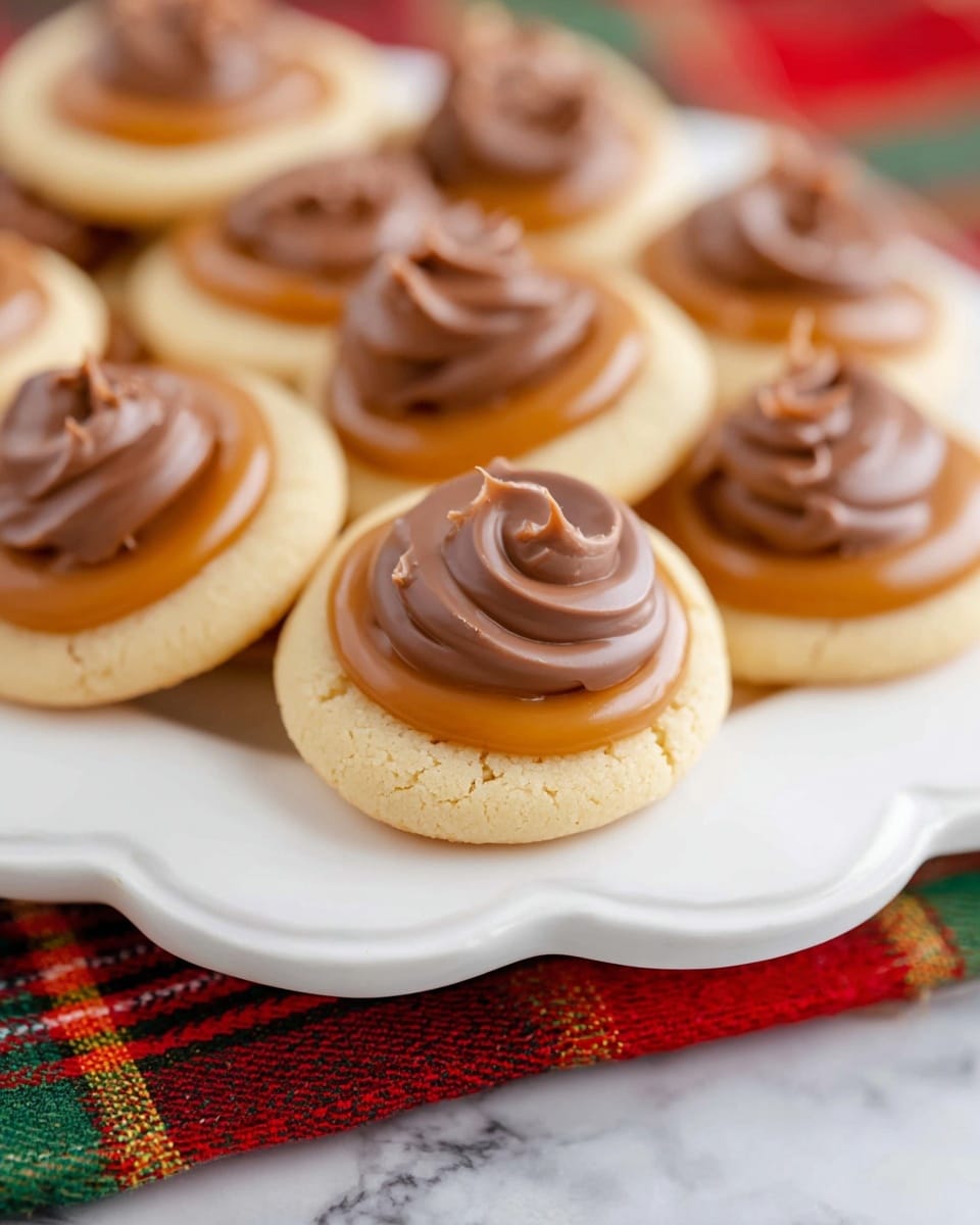 A white scalloped-edge plate holds many round cookies, each with three layers: a thick, pale beige base cookie with a smooth texture, a shiny, caramel-colored middle layer that slightly overflows the cookie edges, and a top dollop of glossy milk chocolate with soft swirls and small cracks. The plate sits on a multicolored red, green, and yellow plaid cloth, placed on a white marbled surface. The focus is on the front cookies with a soft blur in the background. photo taken with an iphone --ar 4:5 --v 7