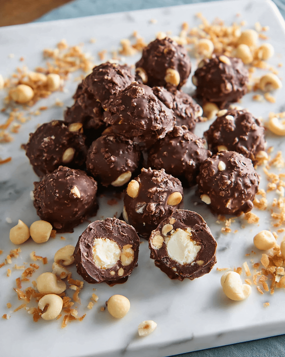 A white rectangular plate holds a pile of small, round chocolate-covered treats with a rough, uneven texture on top, showing bits of nuts inside the chocolate. Two of the treats are cut in half and set on the plate's edge, revealing a creamy white nut center surrounded by thick, dark chocolate. The plate rests on a white marbled surface sprinkled with small pieces of toasted coconut and scattered light beige macadamia nuts, creating a contrast with the dark chocolates. photo taken with an iphone --ar 4:5 --v 7