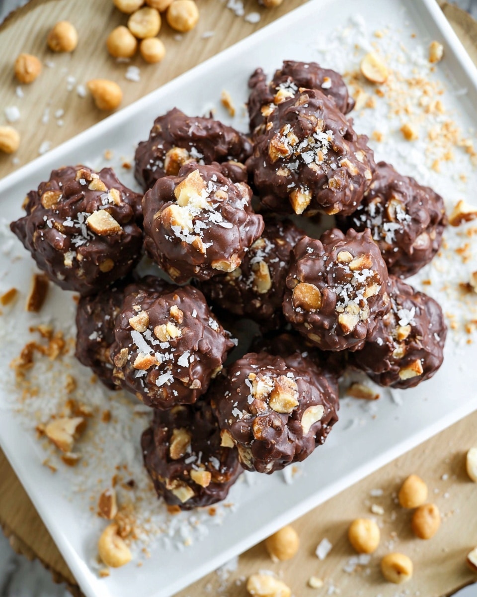 A white rectangular plate holds about a dozen chocolate clusters arranged tightly together, each cluster roughly round with a bumpy texture from nuts or similar mix-ins within the chocolate coating; the dark brown of the chocolate contrasts with the small bits of light toasted nut pieces scattered on top, and a few coarse salt crystals add sparkle. The plate sits on a light wooden surface scattered with whole macadamia nuts and toasted coconut flakes in a loose, casual spread. The background is a white marbled texture. photo taken with an iphone --ar 4:5 --v 7