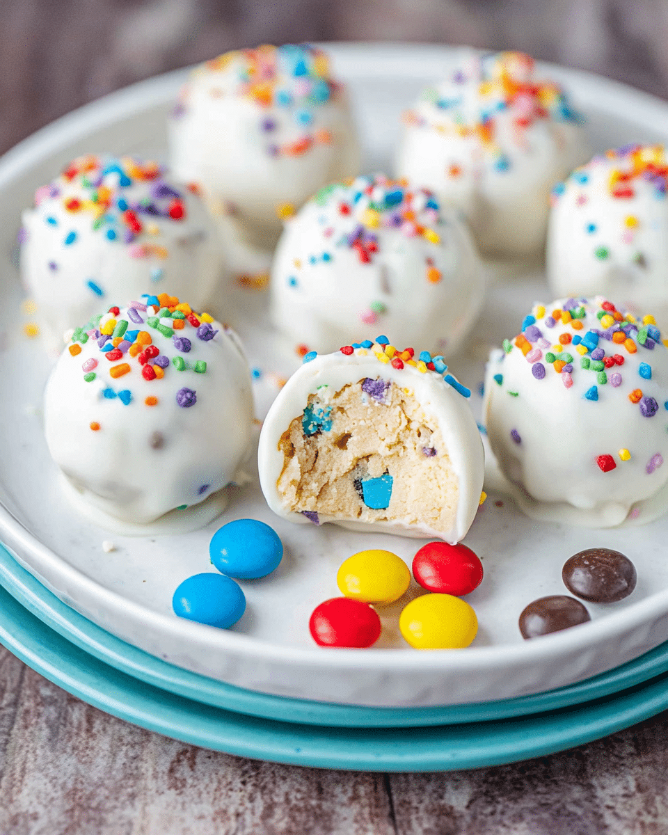 A white marbled textured surface holds a white plate filled with round dessert balls coated in smooth white icing, each topped with colorful tiny round sprinkles in red, yellow, blue, green, purple, and orange. There is a bite taken out of one ball showing a dense cream-colored interior with bits of colorful candy mixed inside. Around this bitten ball are small bright candy pieces of various colors, including yellow, dark brown, blue, red, and green, arranged loosely. The overall plate arrangement is neat and visually bright with the contrast of the white icing and colorful sprinkles. photo taken with an iphone --ar 4:5 --v 7
