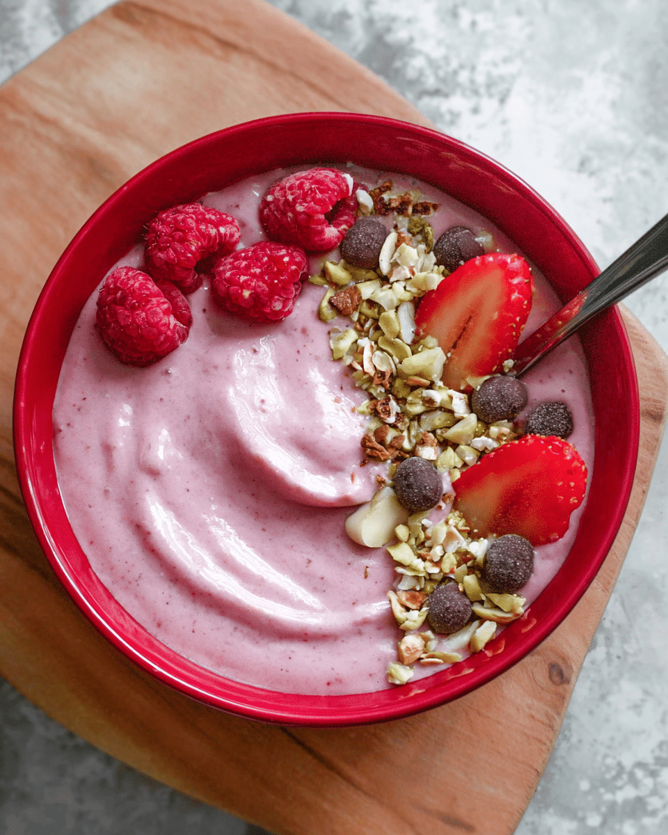 The image shows a red bowl filled with a thick, creamy pink smoothie base as the first layer, smooth with a slightly swirled texture. On top, aligned along the edge, are four distinct topping sections: closest to the front left are a few bright red raspberries with a bumpy texture, next to them are small dark brown round pieces, then two halves of a fresh red strawberry with white centers, and finally a generous sprinkle of mixed nuts and seeds in light brown and green tones covering a large area in the middle. A silver spoon rests inside the bowl on the right side, partially submerged in the smoothie. The bowl is placed on a light wooden board, set against a background with a white marbled texture. photo taken with an iphone --ar 4:5 --v 7