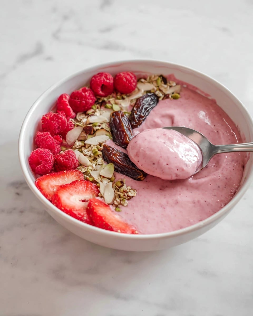 A bowl filled with smooth pink smoothie, topped with three rows of different toppings along the edge: fresh red raspberries on the left, dark brown sliced dates in the middle, and bright red sliced strawberries on the right. In front of the fruit, there is a layer of mixed grains and nuts with light brown, green, and beige tones, adding a crunchy texture. A silver spoon holds a scoop of the creamy pink smoothie above the bowl. The bowl is white, sitting on a white marbled surface. Photo taken with an iphone --ar 4:5 --v 7