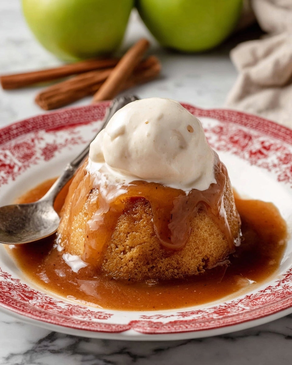 A soft, golden brown pudding sits in the center of a white plate with a red floral pattern around the edge. The pudding is covered with a glossy, cinnamon-colored sauce that pools around its base, giving it a shiny, slightly sticky look. On top, there is a dollop of white, creamy ice cream with visible specks of vanilla. To the left side of the plate, a silver spoon rests, slightly touching the pudding. In the background, out of focus, green apples and cinnamon sticks lie on a white marbled surface. photo taken with an iphone --ar 4:5 --v 7