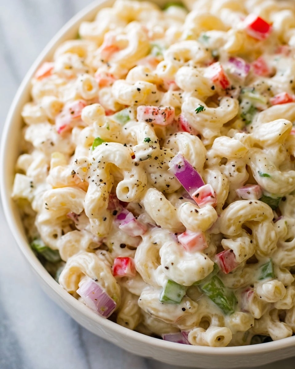 A close-up view of a white bowl filled with creamy macaroni salad. The dish has three main layers visible: the base layer of small elbow macaroni covered in a thick, white creamy dressing; mixed throughout are small diced pieces of red bell pepper, green celery, and purple onion, evenly scattered for color contrast; sprinkled lightly on top are tiny black pepper flakes adding texture. The bowl sits on a white marbled surface. photo taken with an iphone --ar 4:5 --v 7
