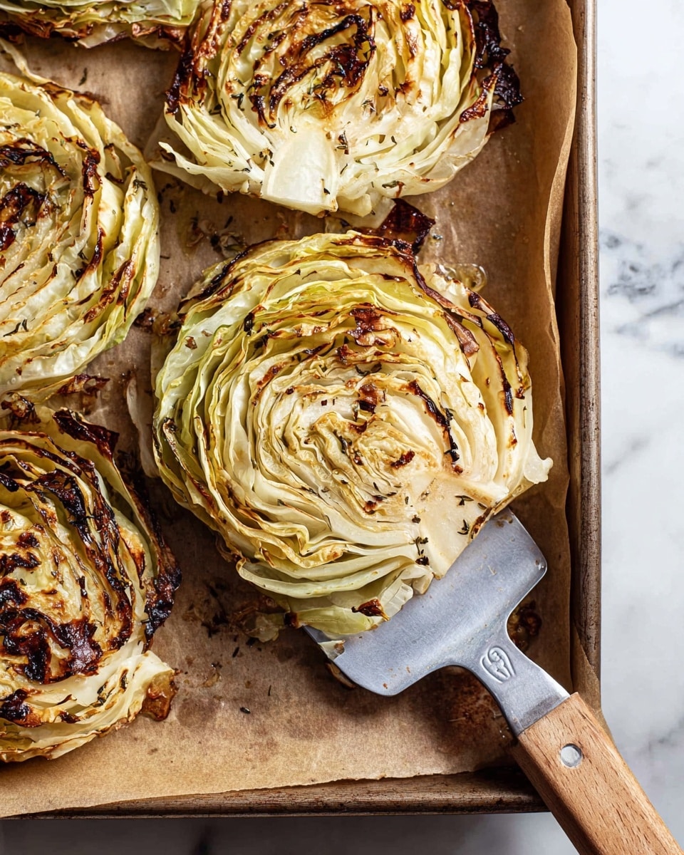 The image shows several round slices of roasted cabbage, each slice layered with many thin, curved leaves stacked tightly together. The cabbage layers are cream-to-light green with golden brown and charred edges that add texture and a hint of crispness. The overall shape is circular with some smaller burnt bits scattered around. A metal spatula with a wooden handle is lifting one cabbage slice from a baking tray lined with brown parchment paper. The tray has a slightly worn look and rests on a white marbled surface. The colors contrast softly between the browned cabbage, silver spatula, and light background. photo taken with an iphone --ar 4:5 --v 7