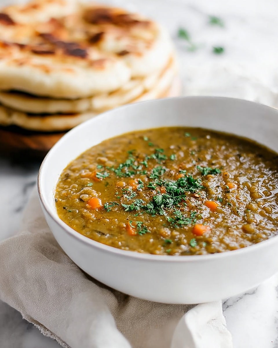 A white bowl filled with thick green lentil soup showing small pieces of orange carrot and bits of other vegetables throughout, garnished with a sprinkle of chopped green herbs on top. The bowl is placed on a white marbled surface with a silver spoon on the right side. Surrounding the bowl are two round pieces of lightly browned flatbread stacked on a white cloth, a small wooden bowl of coarse black pepper, and two yellow lemons, one whole and one halved. The scene is bright and clean, with soft natural lighting. photo taken with an iphone --ar 4:5 --v 7