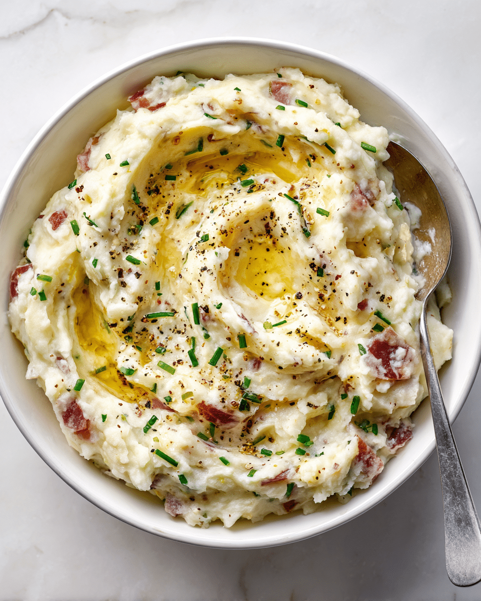 The image shows a bowl filled with creamy mashed potatoes that have small chunks of red potato skins and bits of green chives mixed in, giving a speckled look throughout. The top layer is swirled with a well in the center filled with melted butter, sprinkled with black pepper. The texture looks smooth but with some lumps of potato visible. A spoon is resting inside the bowl on the right side. The bowl is white with a simple rim. The background is a white marbled texture. Photo taken with an iphone --ar 4:5 --v 7