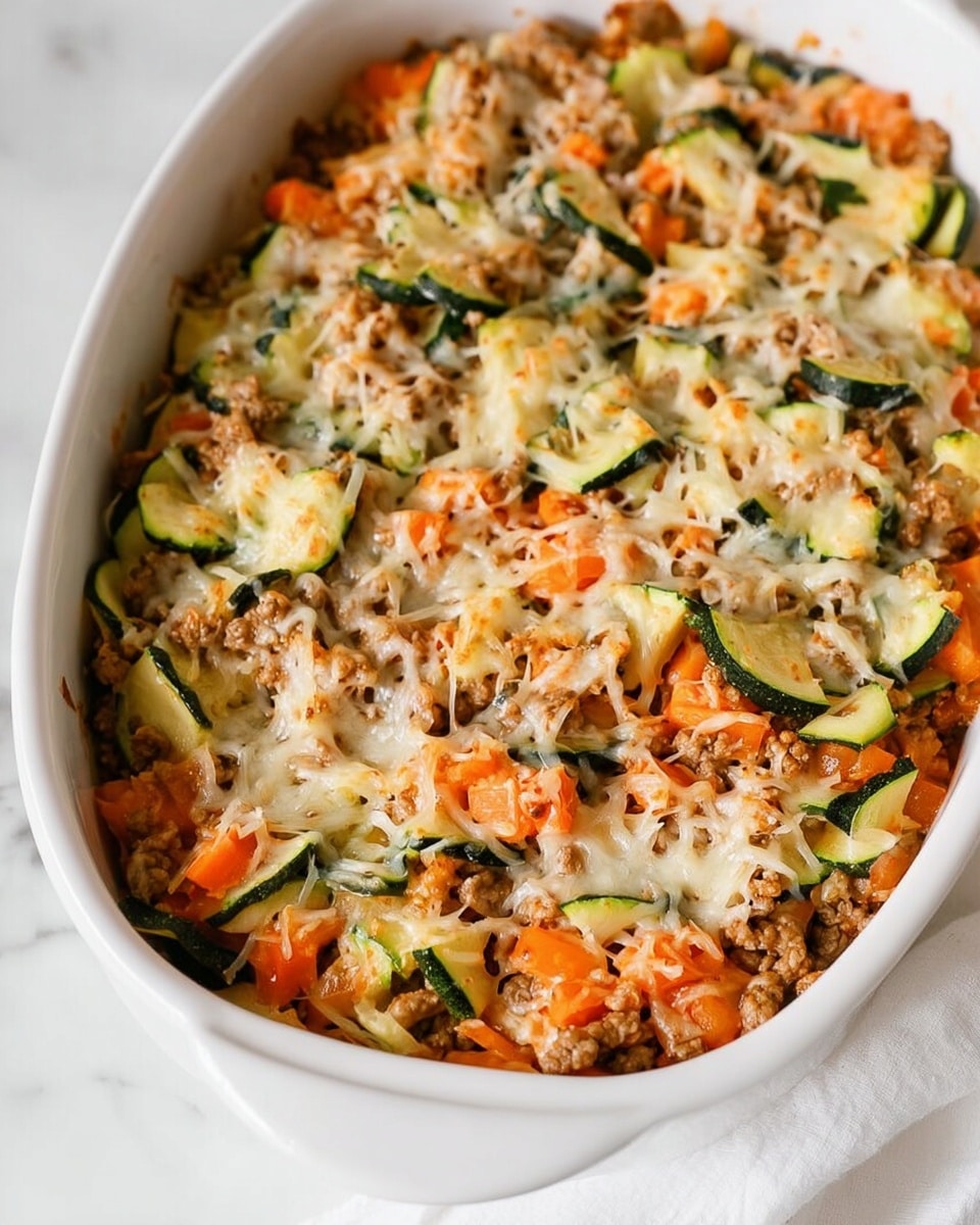 A white baking dish filled with a mixed vegetable and meat casserole showing three main layers: at the bottom, small pieces of cooked ground meat in a brownish color; above that, thick slices of green zucchini and bright orange carrot chunks; topped with a layer of melted shredded cheese that is light yellow and slightly browned in spots, creating a bubbly, textured surface. The casserole textures are soft and cooked, with visible colors of green, orange, beige, and melted cheese blending softly on a white marbled surface. photo taken with an iphone --ar 4:5 --v 7