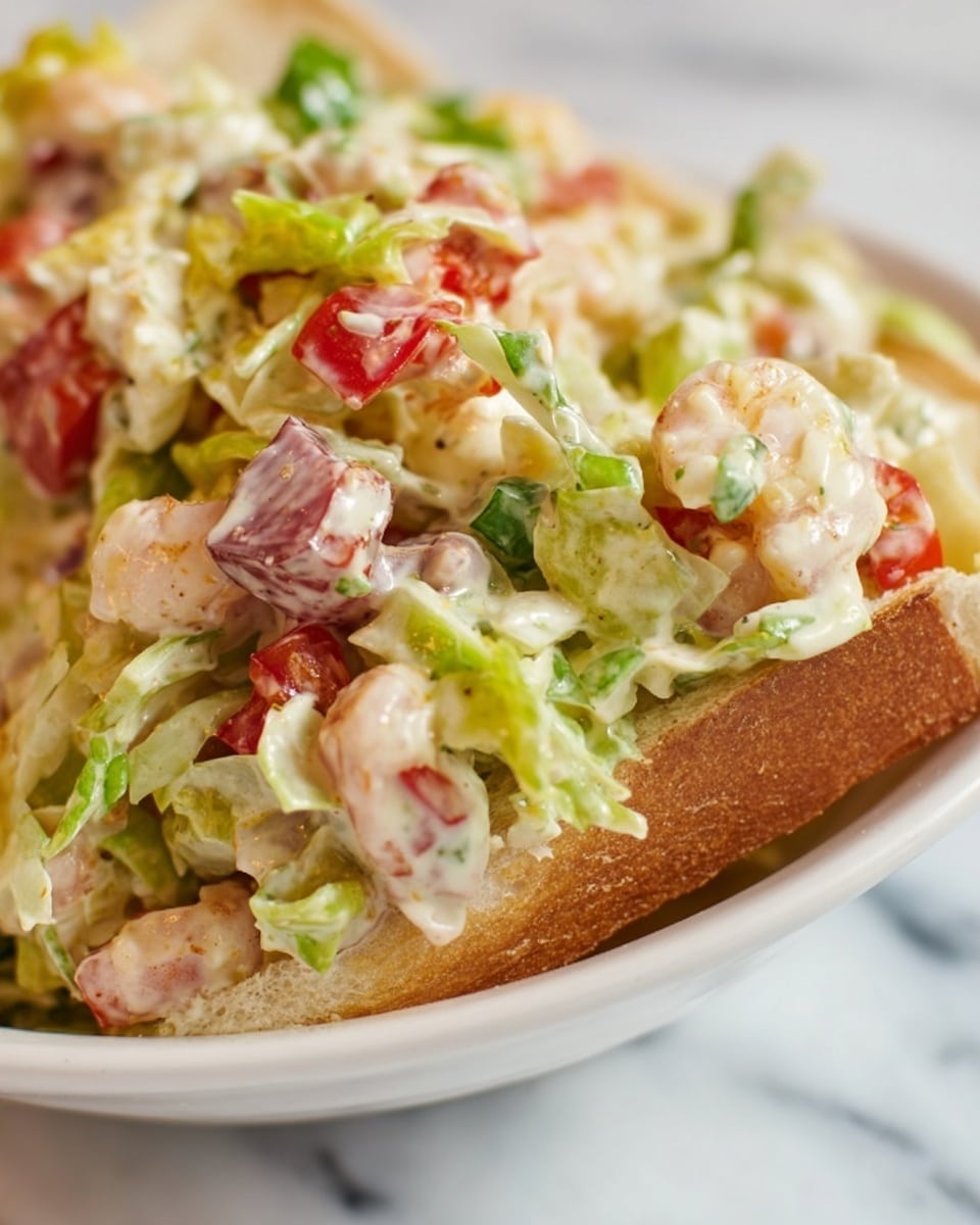 The image shows a close-up of a sandwich loaded with multiple layers of ingredients. The base is a light brown toasted bread visible at the edges. The filling consists of a mix of finely shredded pale yellow and white lettuce layered with small pieces of red bell pepper, bright green leafy bits, and small shrimp with a pinkish hue. The textures vary between soft leafy vegetables and chunky shrimp pieces, all coated with a light creamy dressing. The sandwich rests in a white bowl, placed on a white marbled surface. photo taken with an iphone --ar 4:5 --v 7